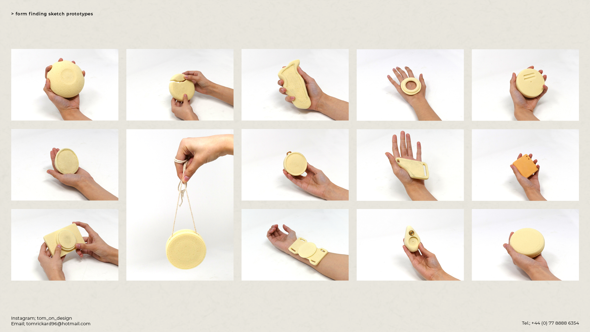 variety of yellow foam prototypes used to settle on the form of the locate product by tom Rickard