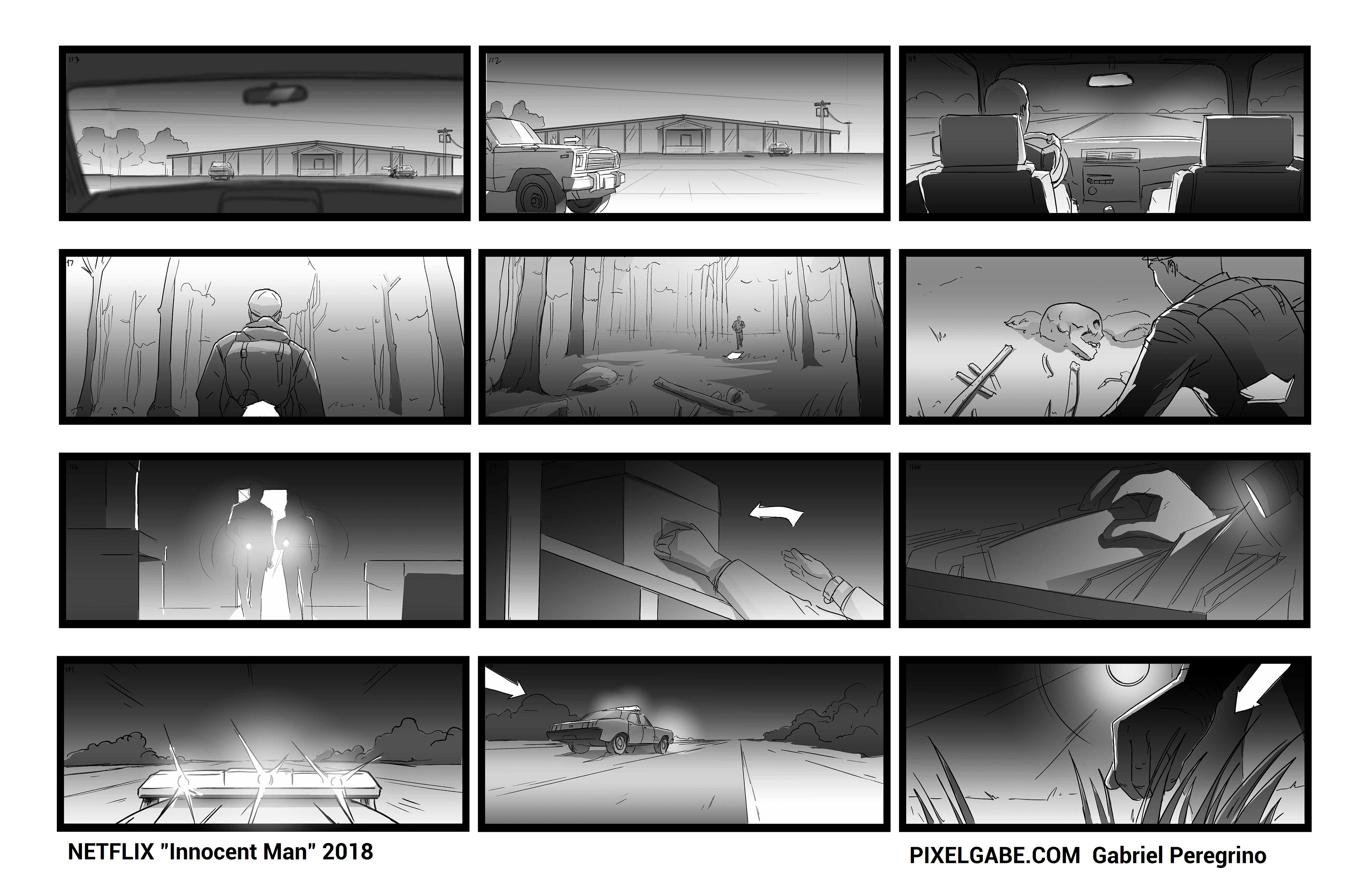 Storyboards for reenactment scenes in the Netflix the documentary “The innocent man”
