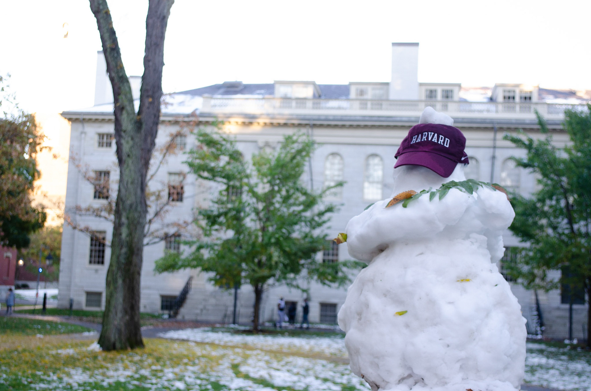 7. Foreground and Background. 1/80s f 5.0 ISO 400. Snowman on day after snow storm in Harvard Yard on October 31, 2020. Photo taken by Hannah Lee