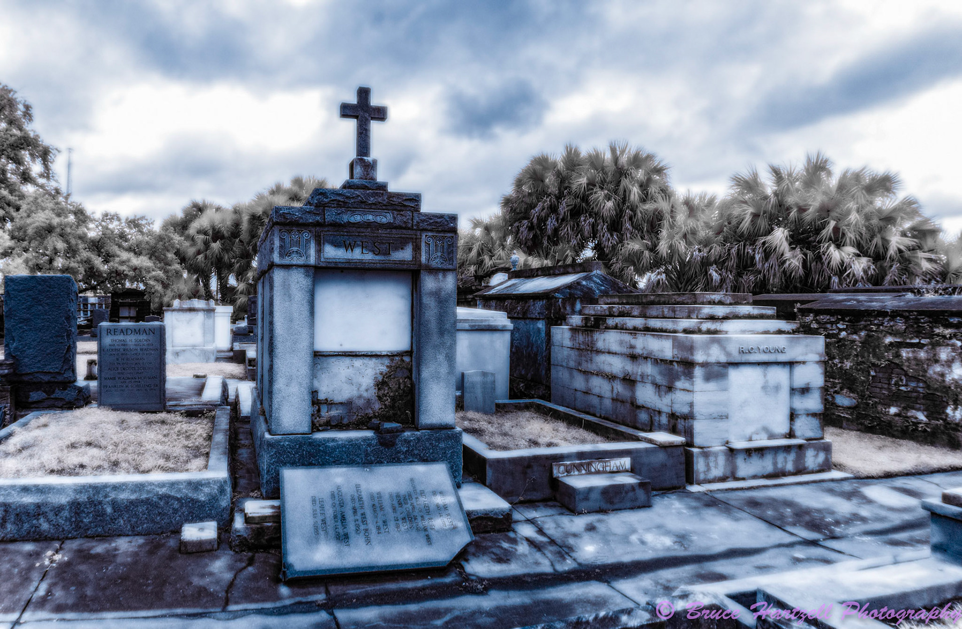 Oddfellows Cemetery, New Orleans, Louisiana. Infrared. PS, LR, Silver Effects Pro adjustments. See and share more like this at:  http://aayyeeee.myportfolio.com