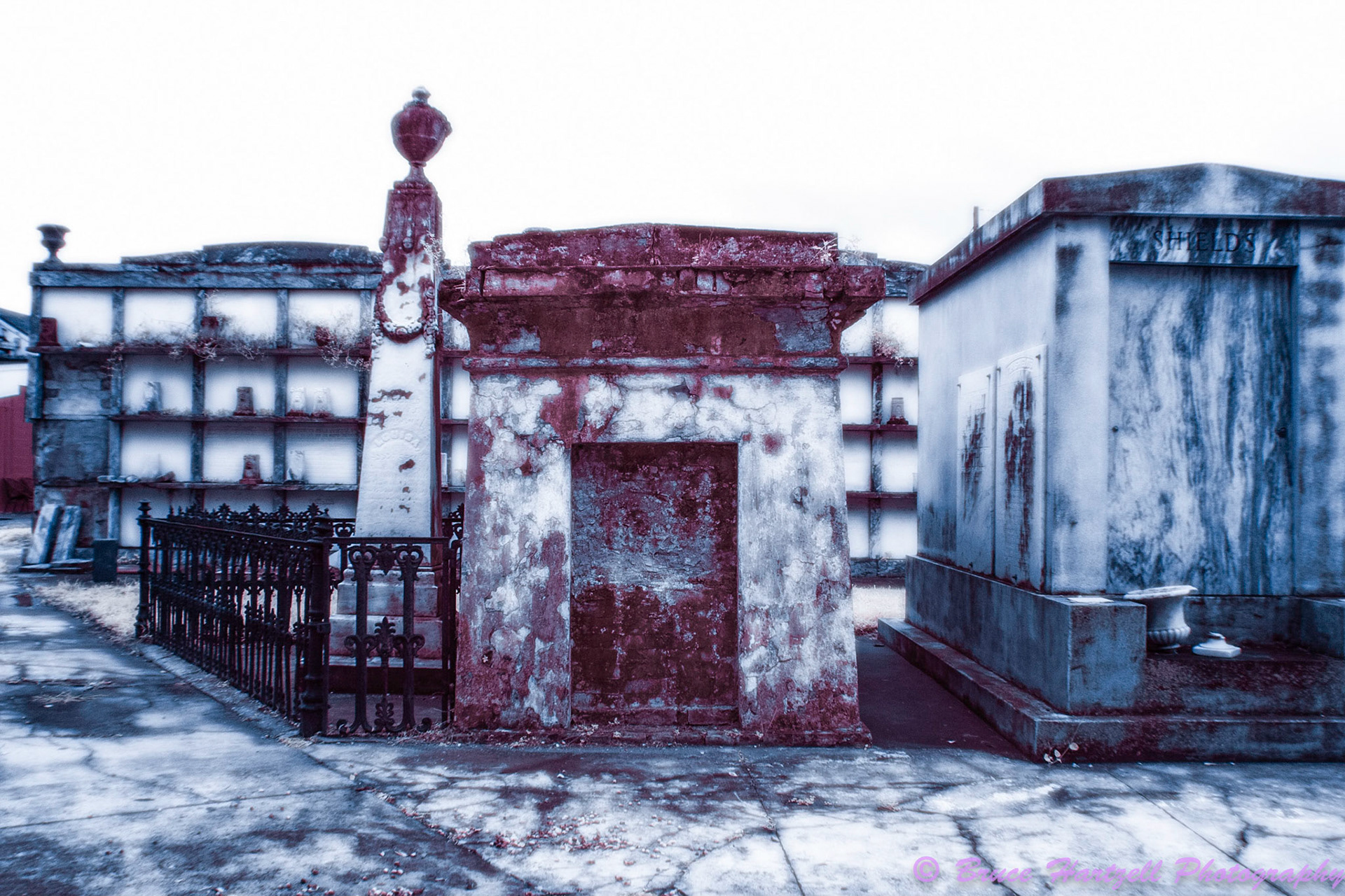Oddfellows Cemetery, New Orleans, Louisiana. Infrared. PS, LR, Silver Effects Pro adjustments. See and share more like this at:  http://aayyeeee.myportfolio.com