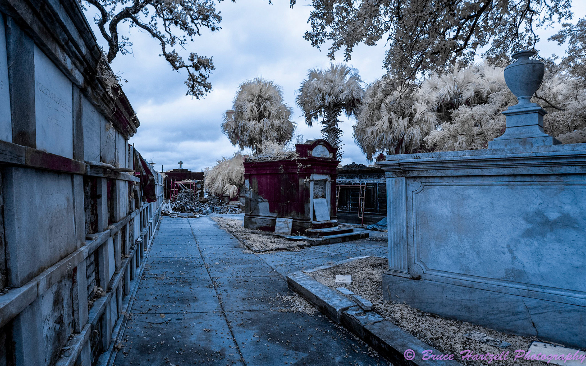 Oddfellows Cemetery, New Orleans, Louisiana. Infrared. PS, LR, Silver Effects Pro adjustments. See and share more like this at:  http://aayyeeee.myportfolio.com
