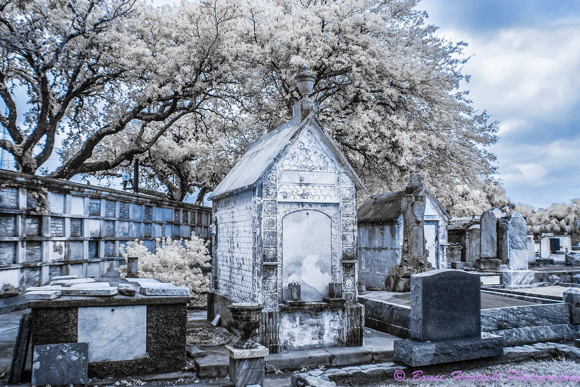 Oddfellows Cemetery, New Orleans, Louisiana. Infrared. PS, LR, Silver Effects Pro adjustments. See and share more like this at:  http://aayyeeee.myportfolio.com