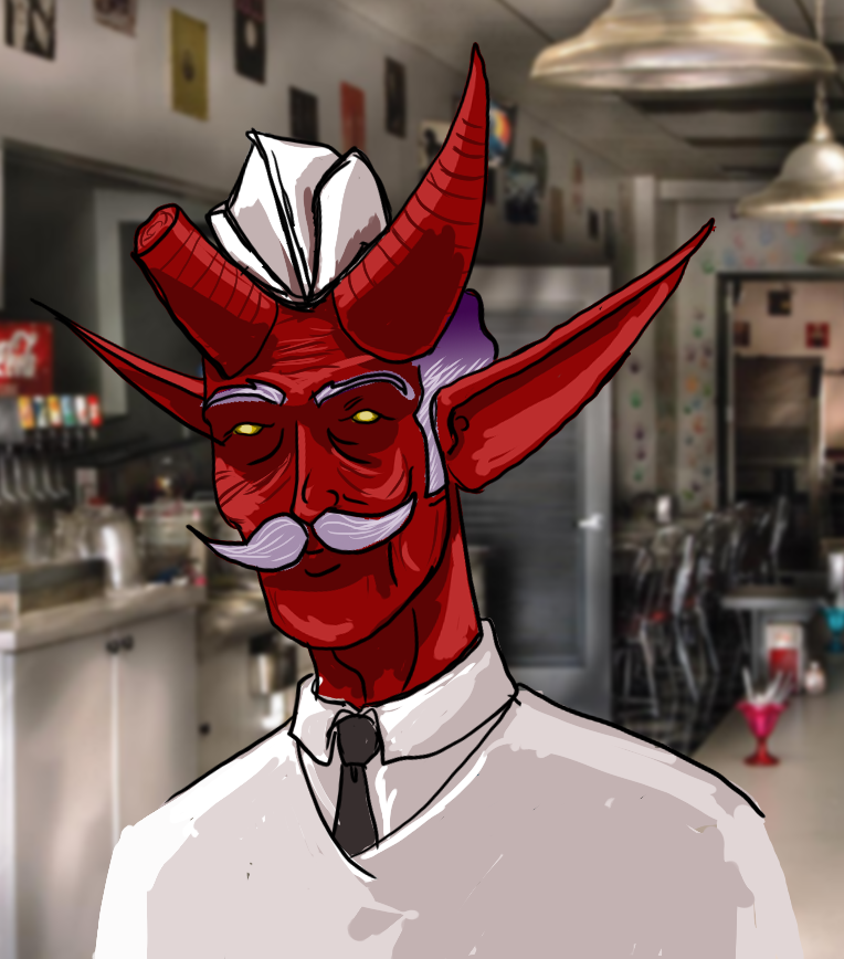 A Tiefling NPC for the Eoferan Fantsy Setting, he's a soda jerk at a Creamery.
