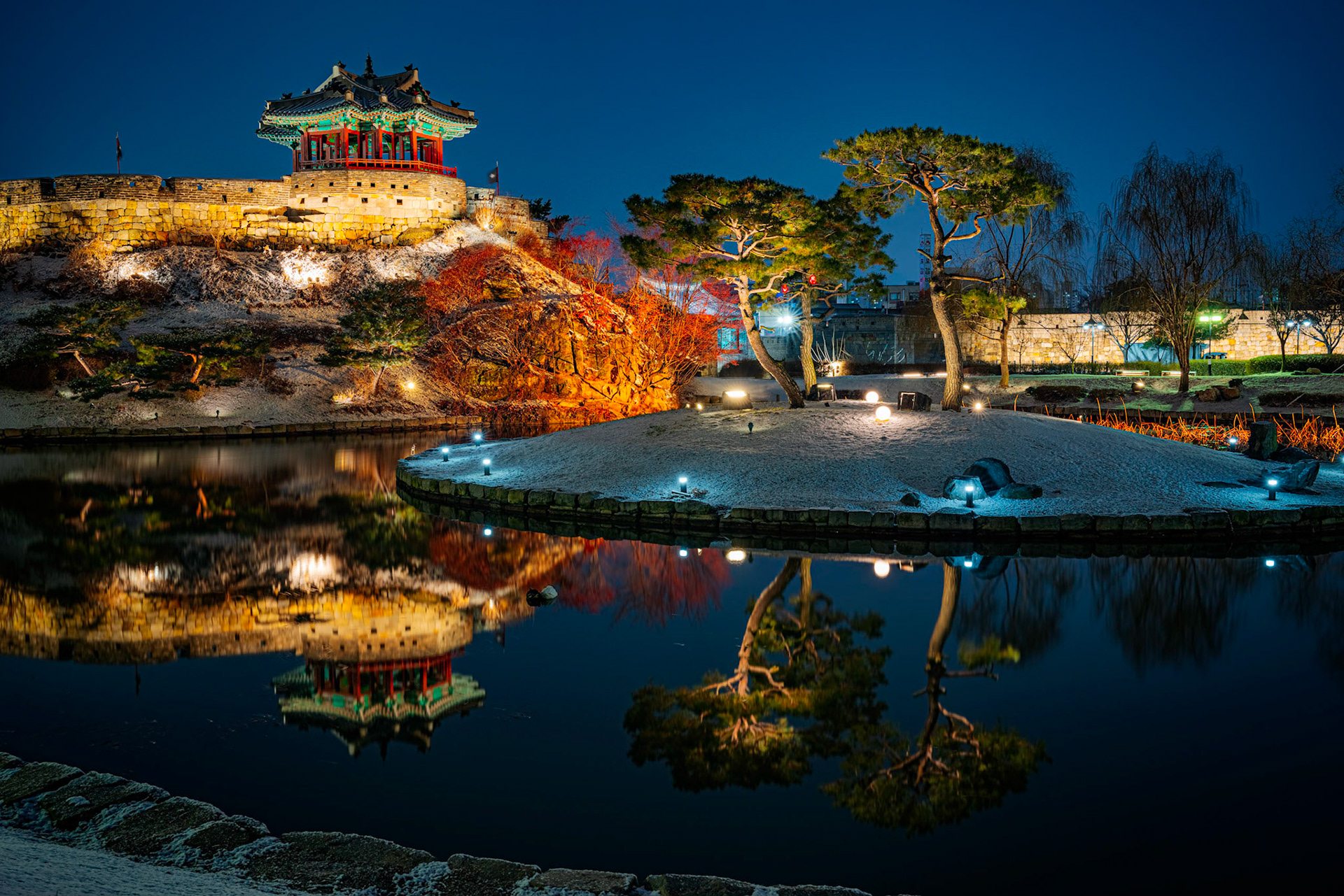 Seoul, South Korea - FEB 16 2020: Hwaseong Fortress, built from 1794-1796, is located just south of Seoul. The perimeter wall can be easily walked, giving excellent views of the fortress and the city.