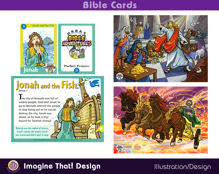 Illustrations created for a series of collectibe Bible Cards by Traci and Kurt at Imagine That! Design