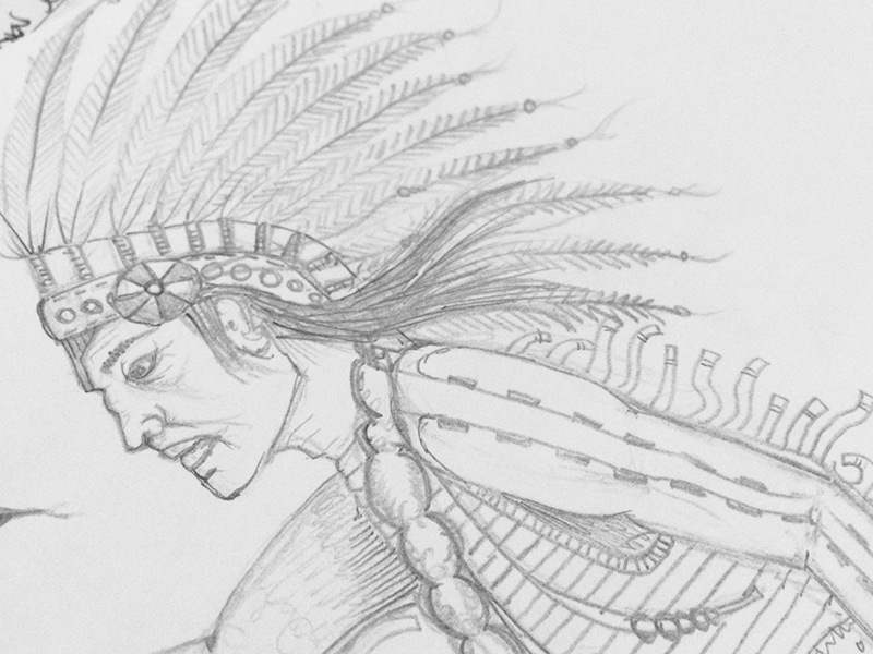 A detailed shot of the pencil drawing of a Indian chief