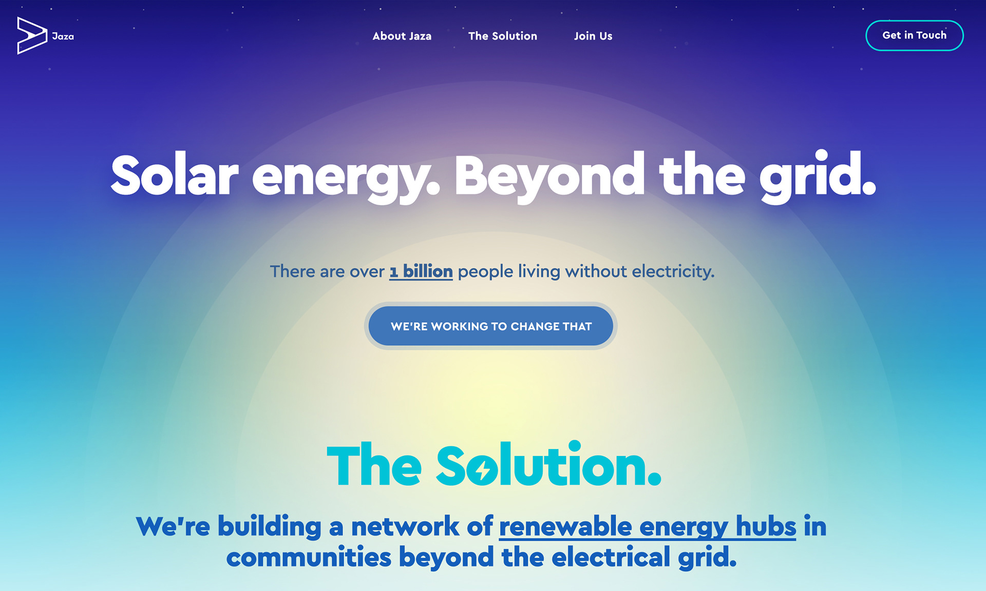 A website screenshot of the Jaza Energy website design showcasing the beautifully designed header / hero section with gradients and strong typography.