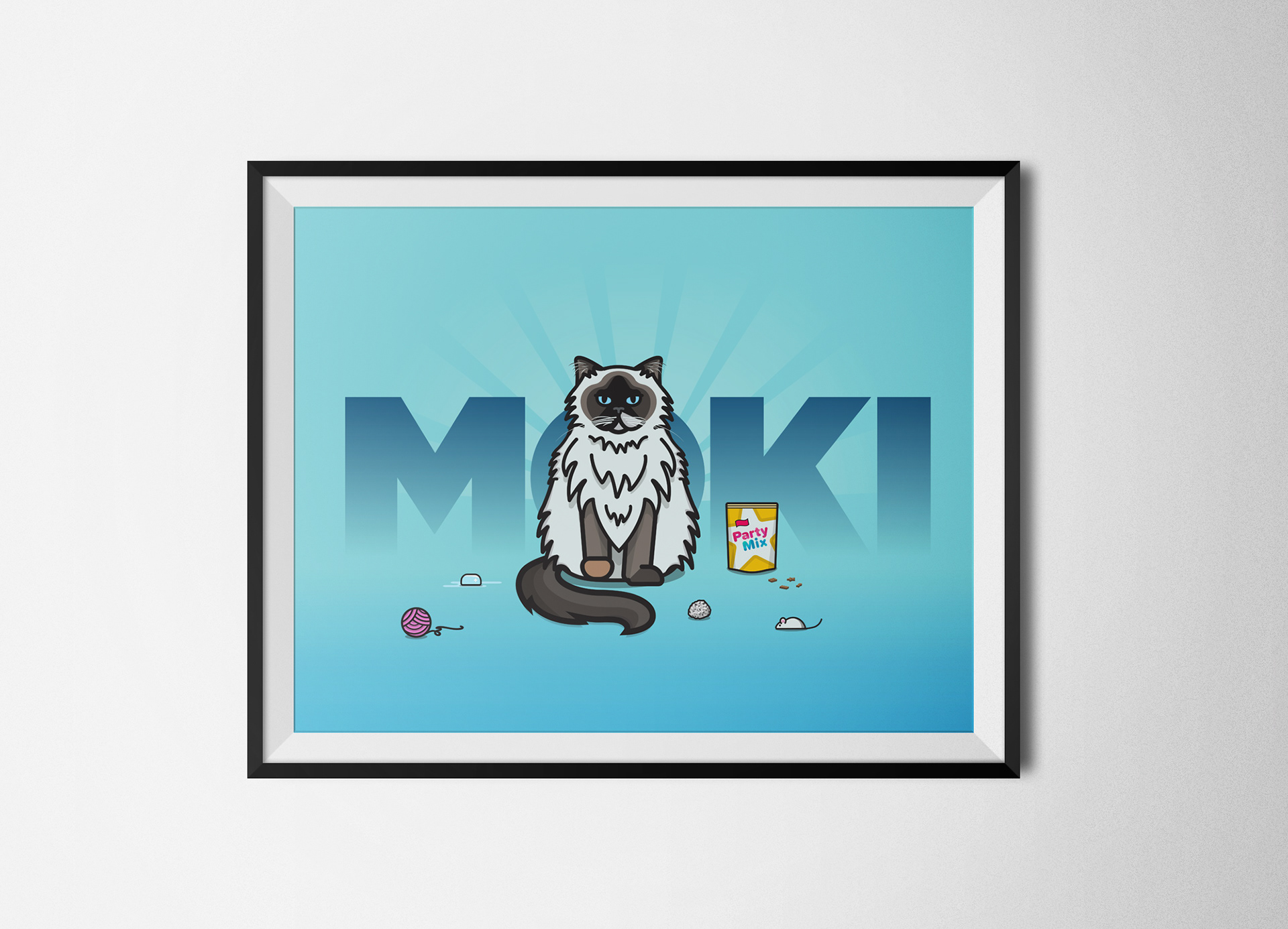 Full, framed digital illustration artwork piece for Moki the Cat designed by Justin Bellefontaine.