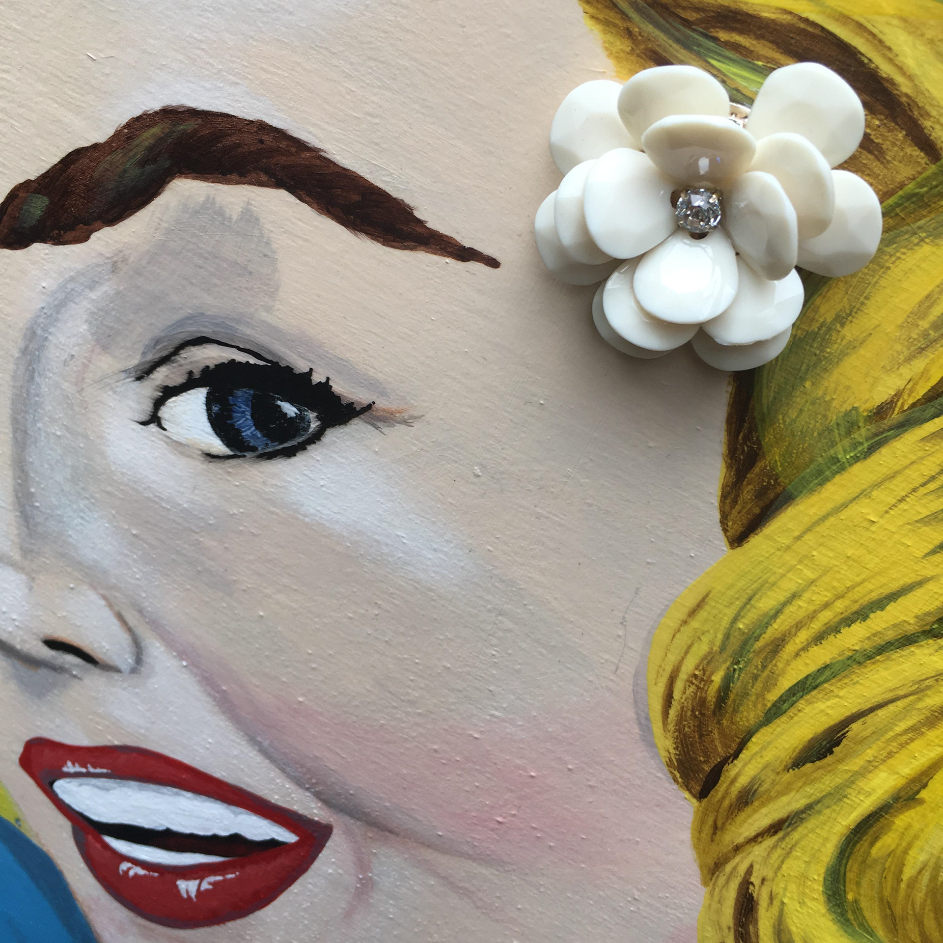 Dolores (Honey Pie), acrylic, newspaper clippings and vintage jewelry on wood panel, 20"x20" ©Ginger Sedlarova 2019