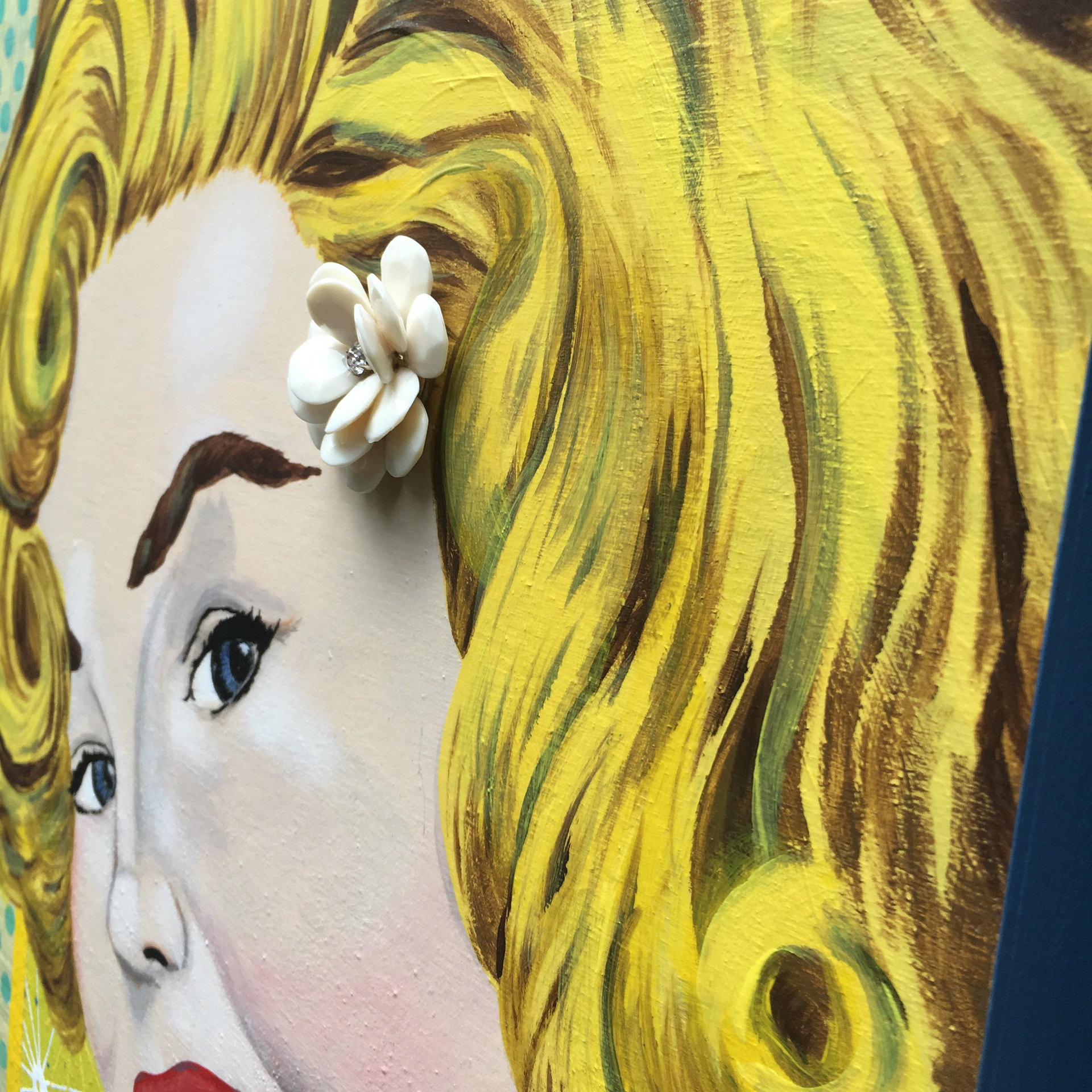 Dolores (Honey Pie), acrylic, newspaper clippings and vintage jewelry on wood panel, 20"x20" ©Ginger Sedlarova 2019