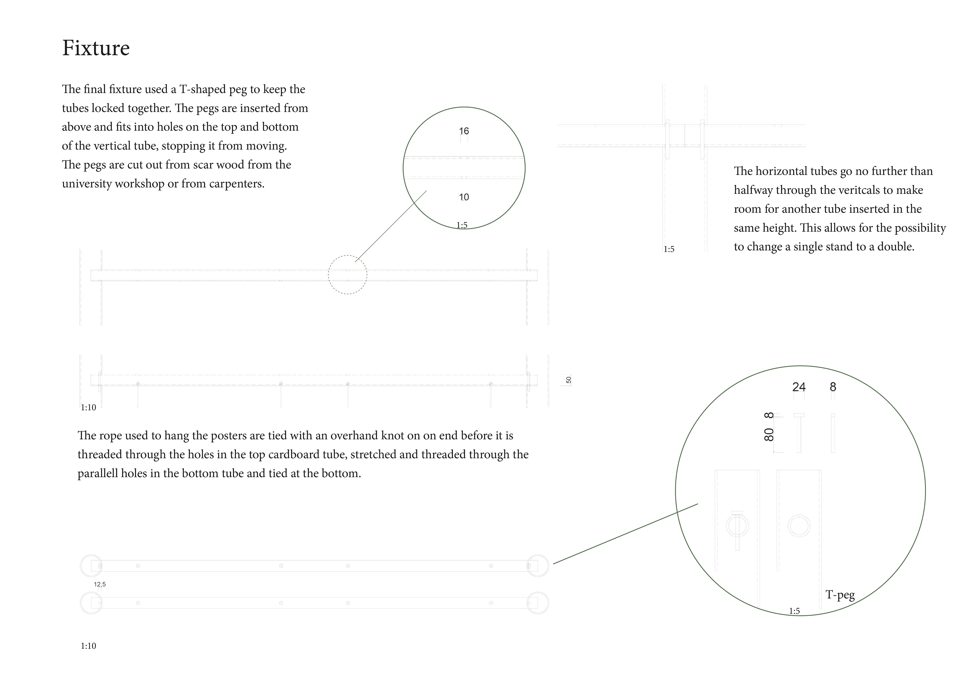 The fixture went through an extensive trial and error period to find the optimal connection. This fixture, using a T-peg, is strong and diskreet.