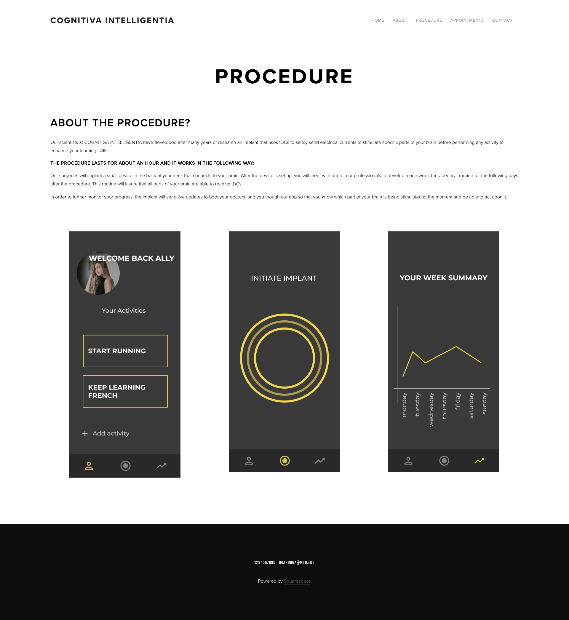 The PROCEDURE page explains the implanting process and then continues to show users how their progress will be monitored through an app that sends feedback to their doctor.