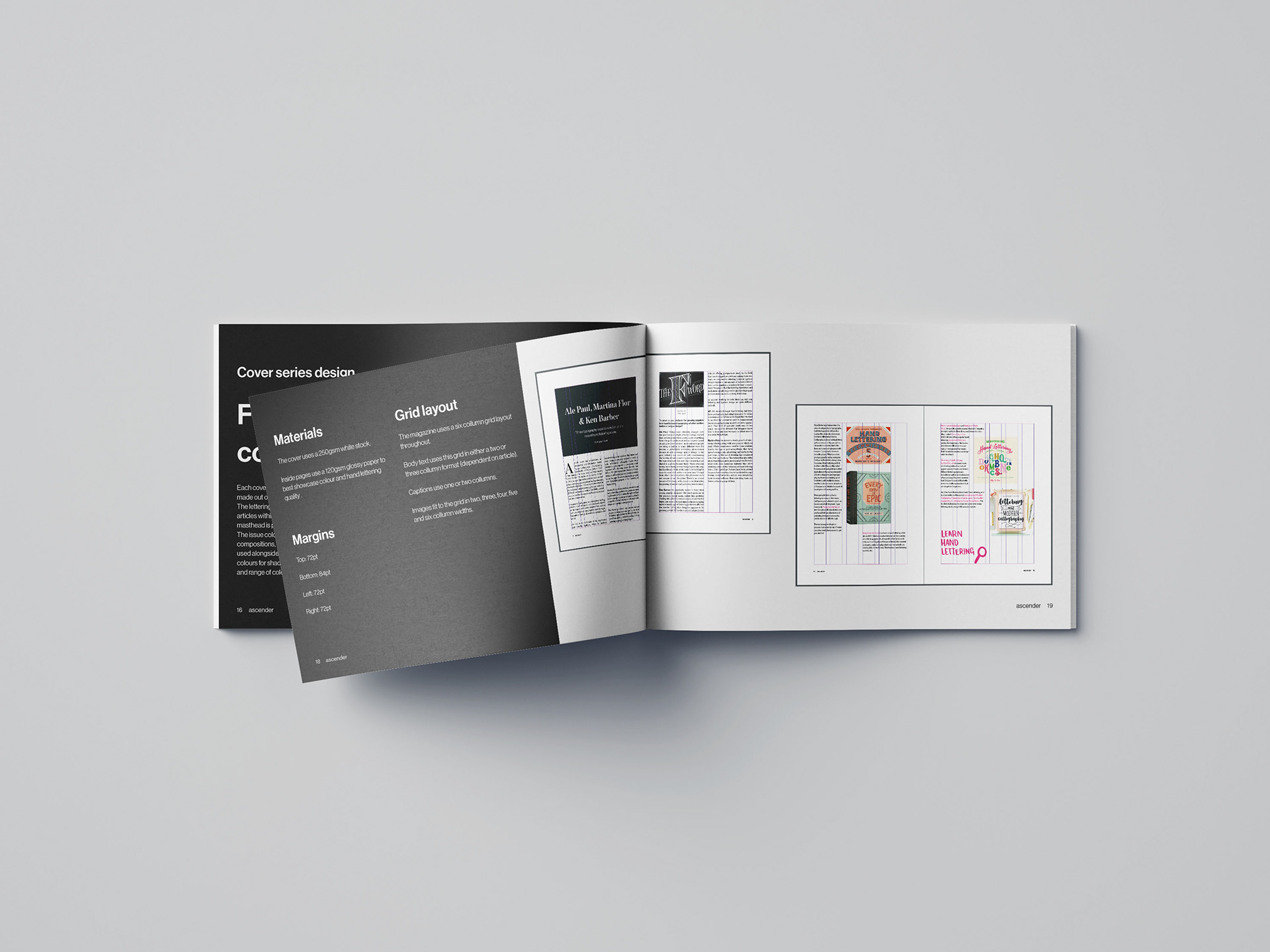 information about the materials, margins and grid layout of the magazine