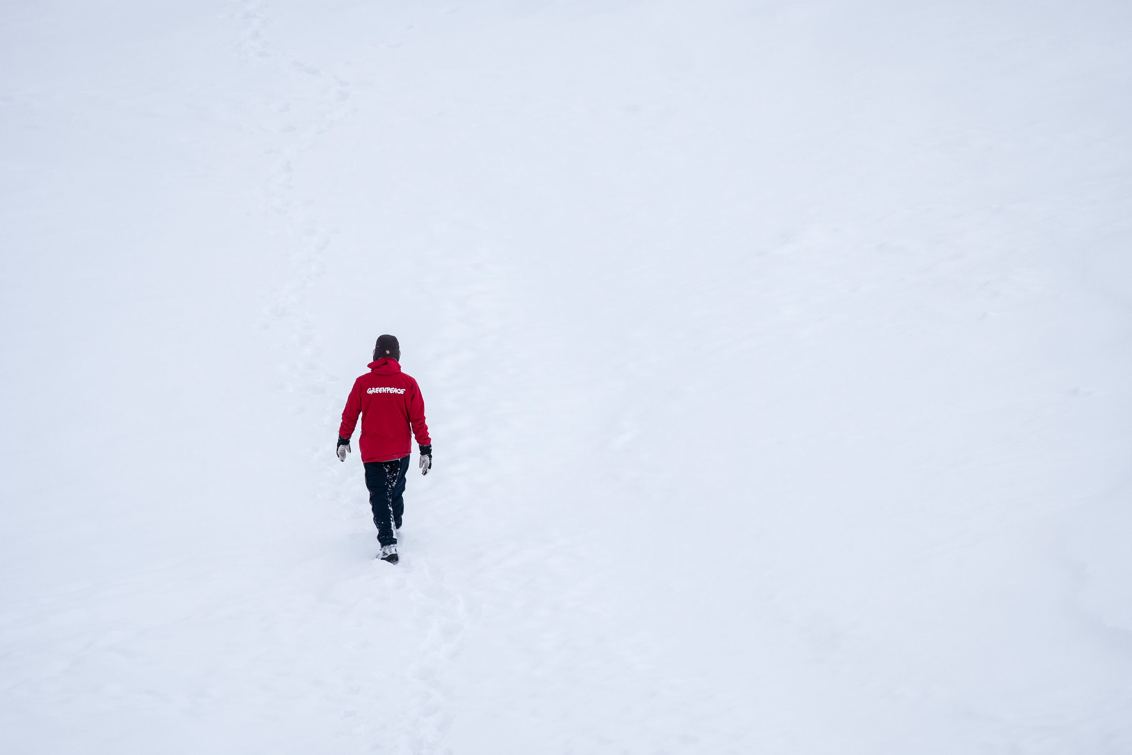 A Greenpeace campaigner walks through a snow drift in Graham Land, Antarctic