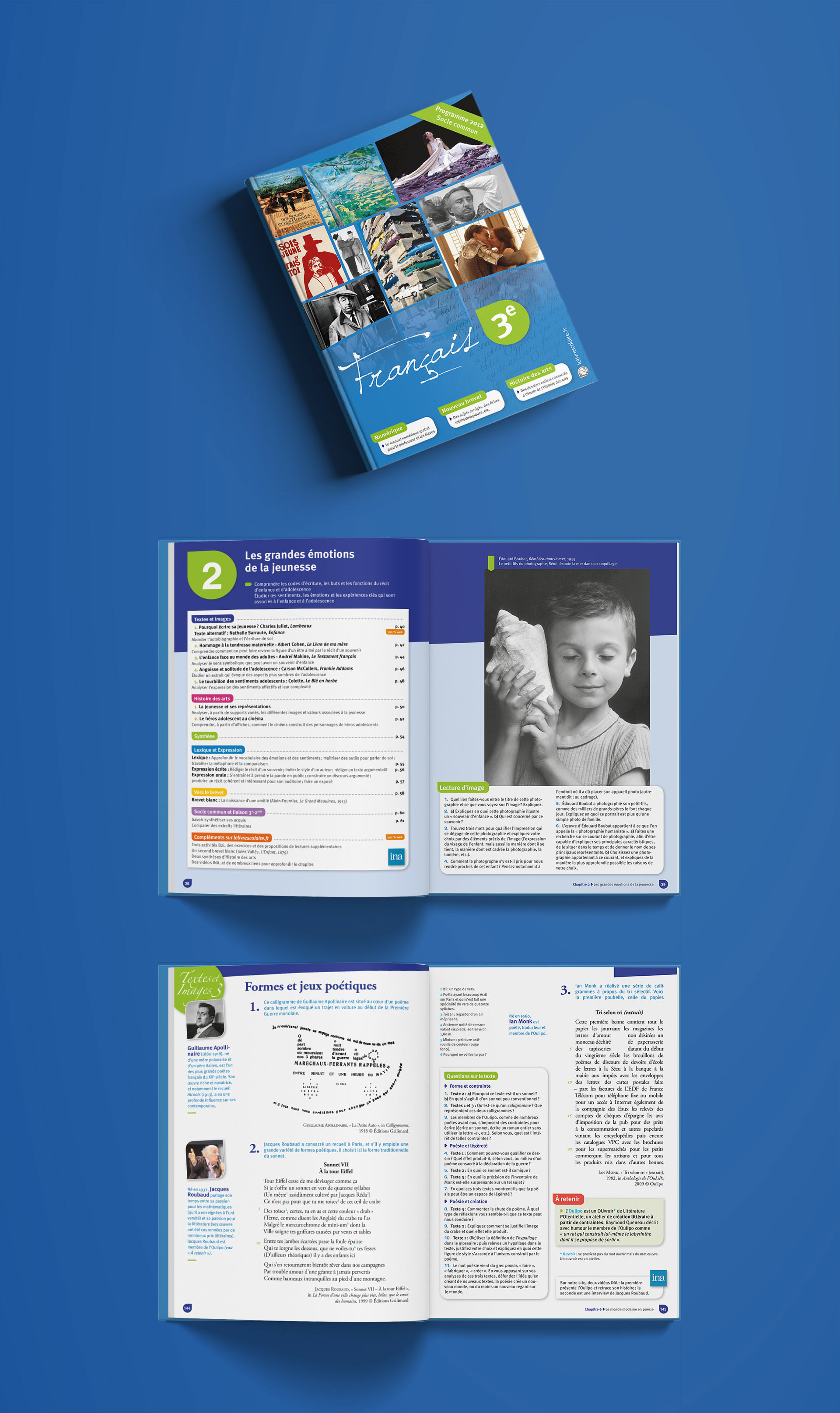 Visuel montrant la couverture du manuel de Français niveau 3e, ainsi que des exemples de double-pages intérieures.