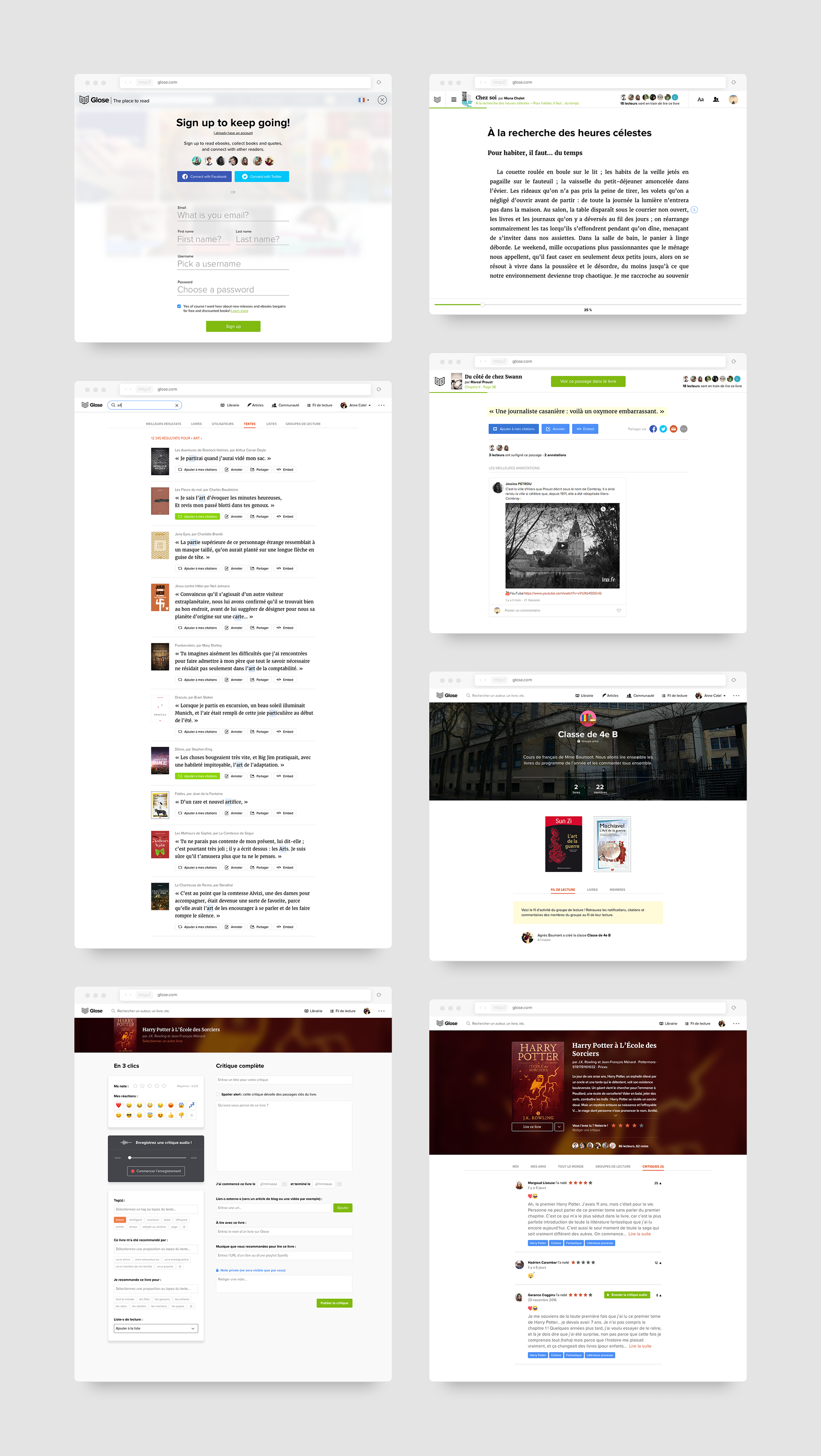 Visuel représentant plusieurs exemples d'écrans web de l'application Glose.