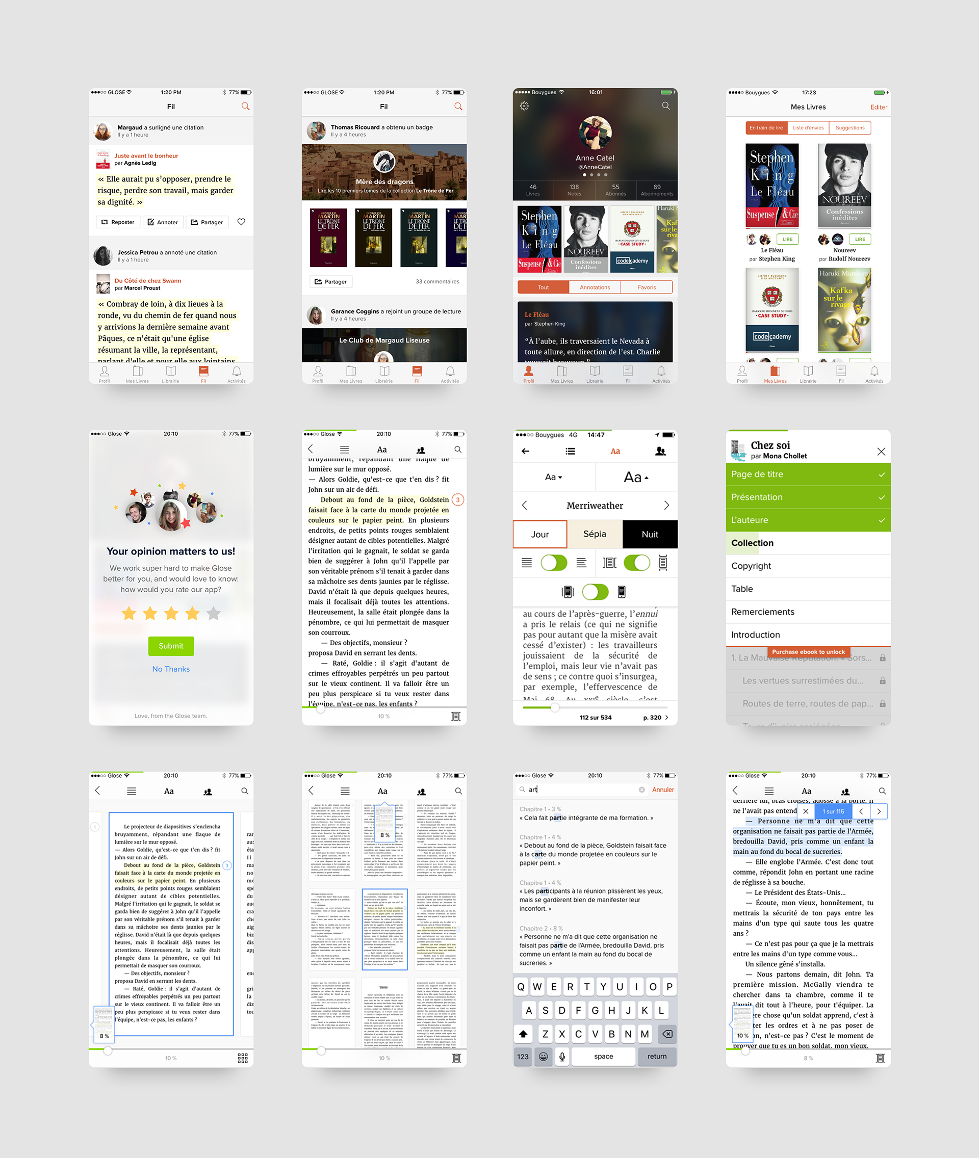 Visuel représentant plusieurs exemples d'écrans de l'application mobile Glose.