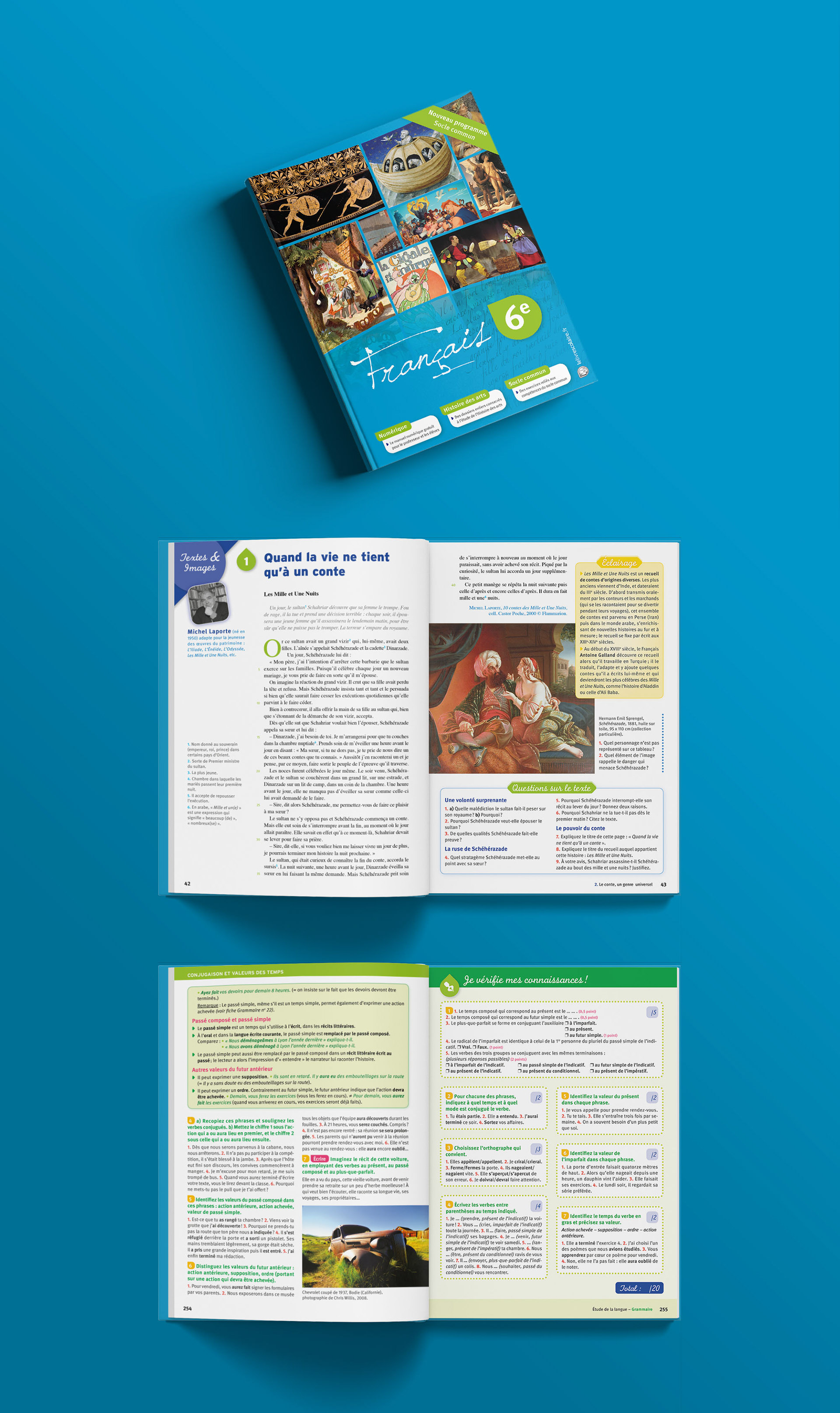 Visuel montrant la couverture du manuel de Français niveau 6e, ainsi que des exemples de double-pages intérieures.