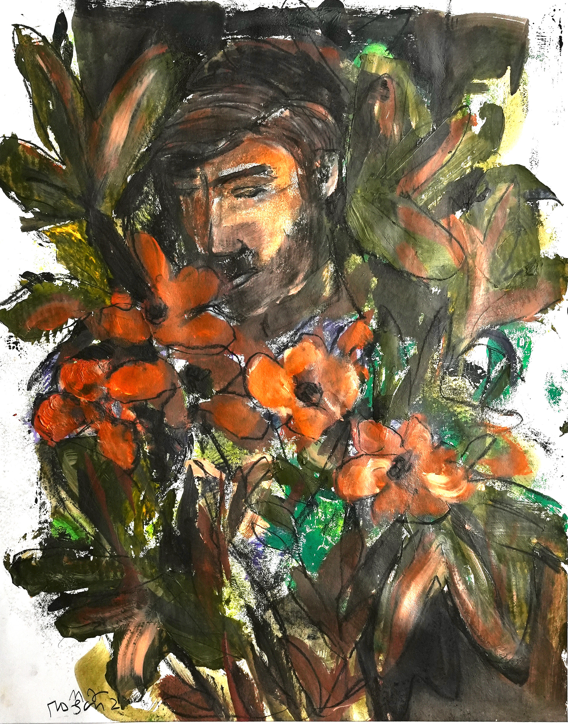 129 / Face Among Poppies, 17 x 21, acrylic on paper, $550.