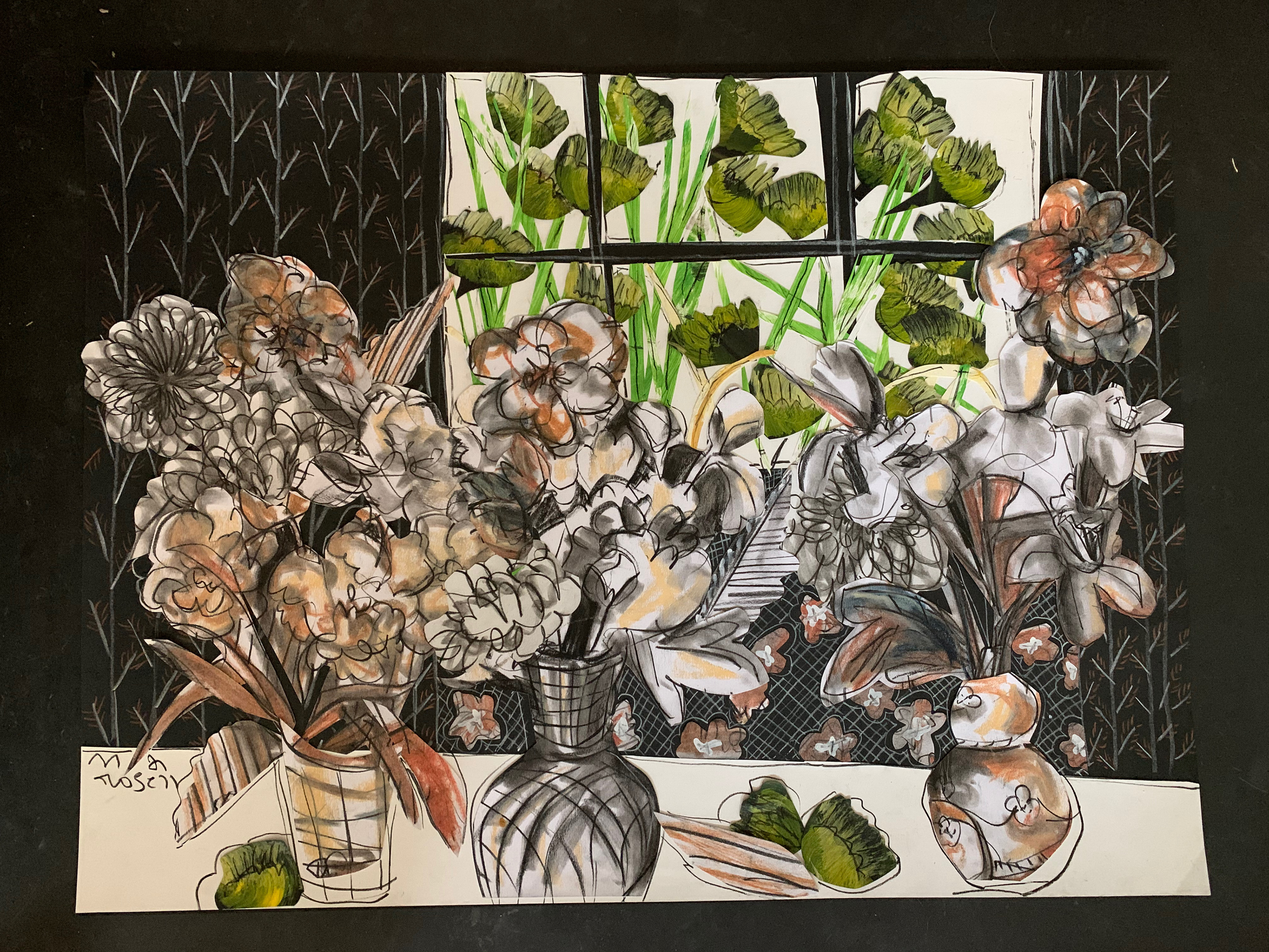 Collage with three vases and a view of the garden, 22 x 30. In the collection of Elizabeth Fleschar