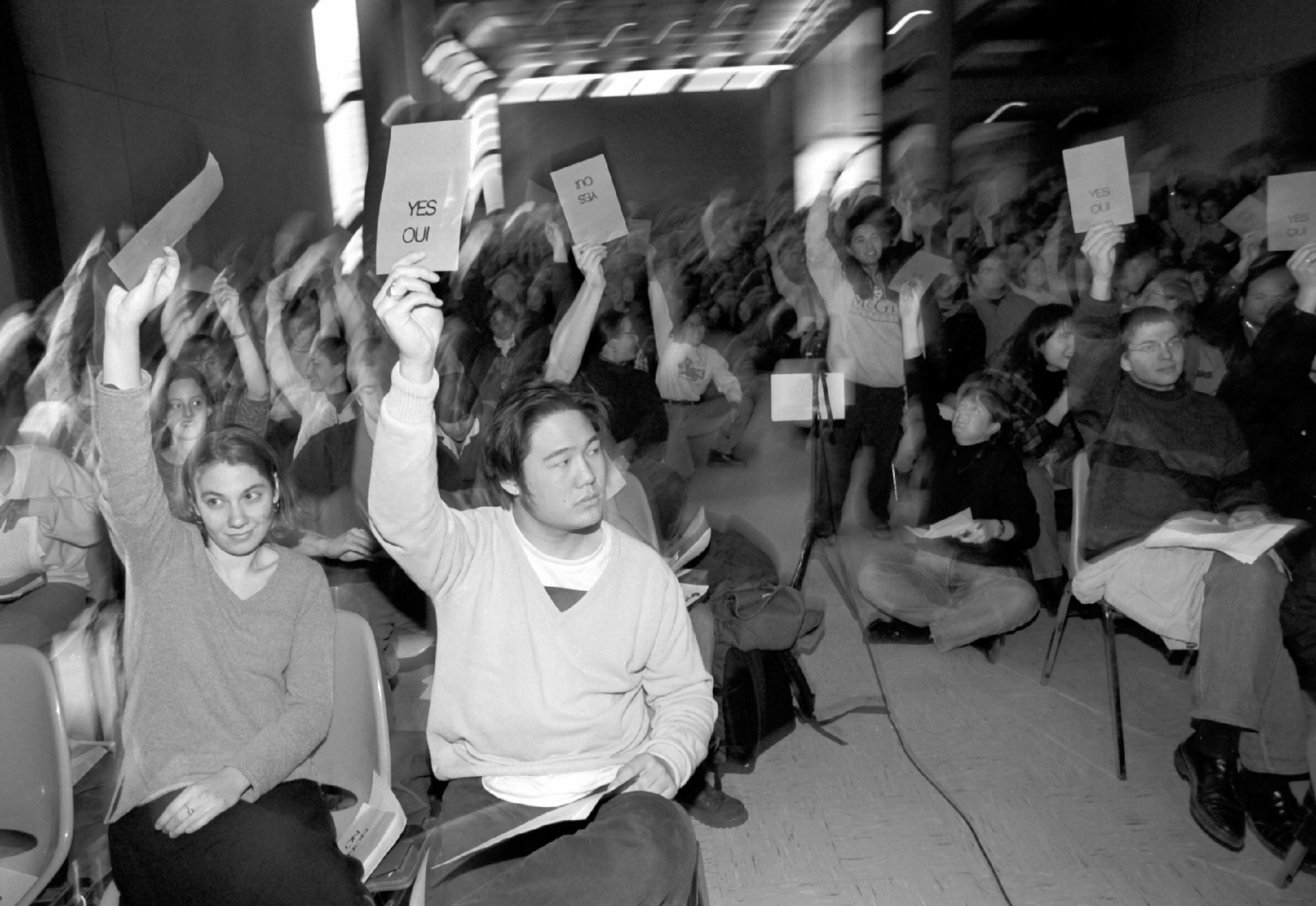 During the 1995 Quebec referendum campaign, students vote after a debate at the Union building.