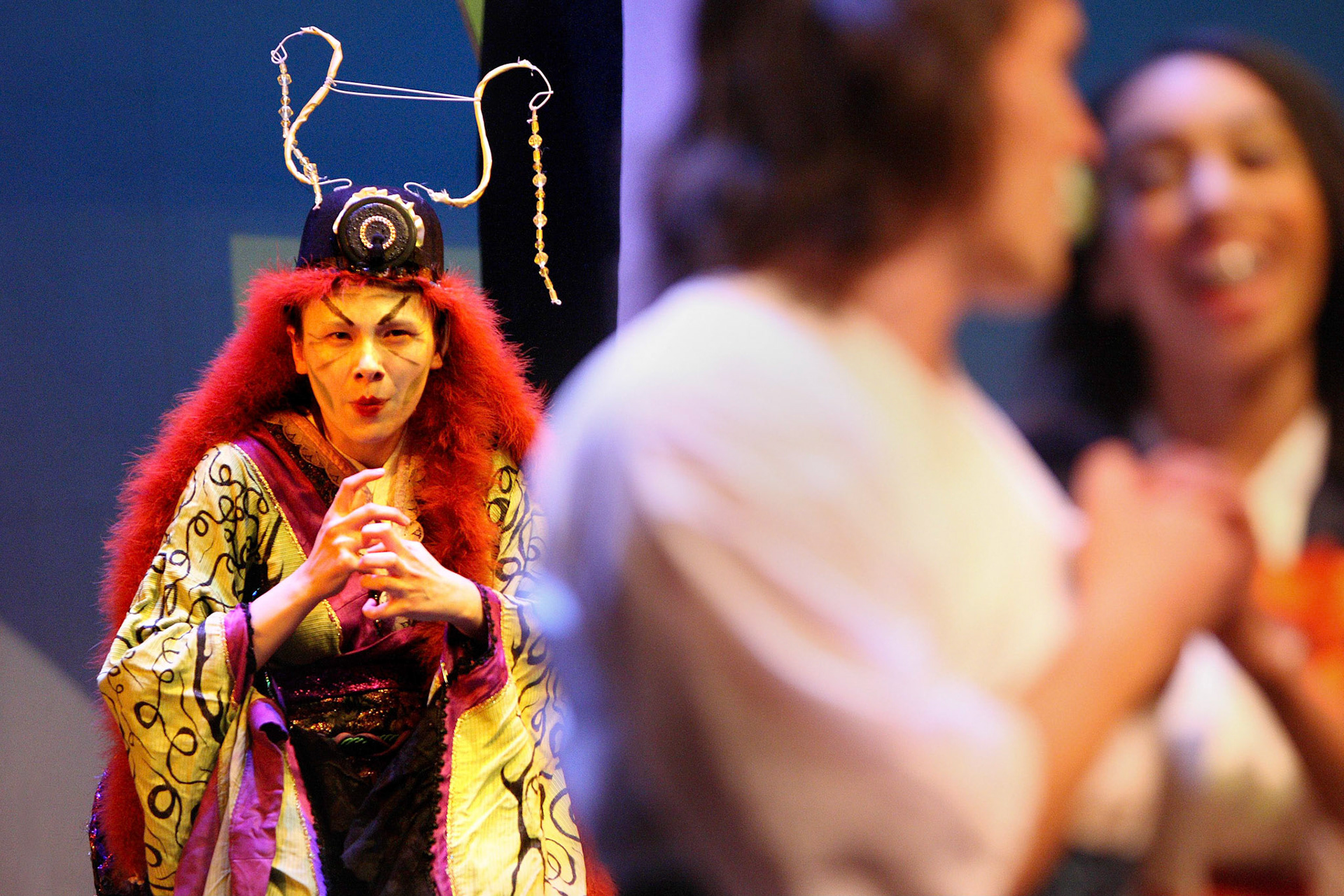 Katisha (Christina Holmes), either making evil plans or playing an invisible oboe.  A scene from the McGill Savoy Society's production of The Mikado, February 2008.