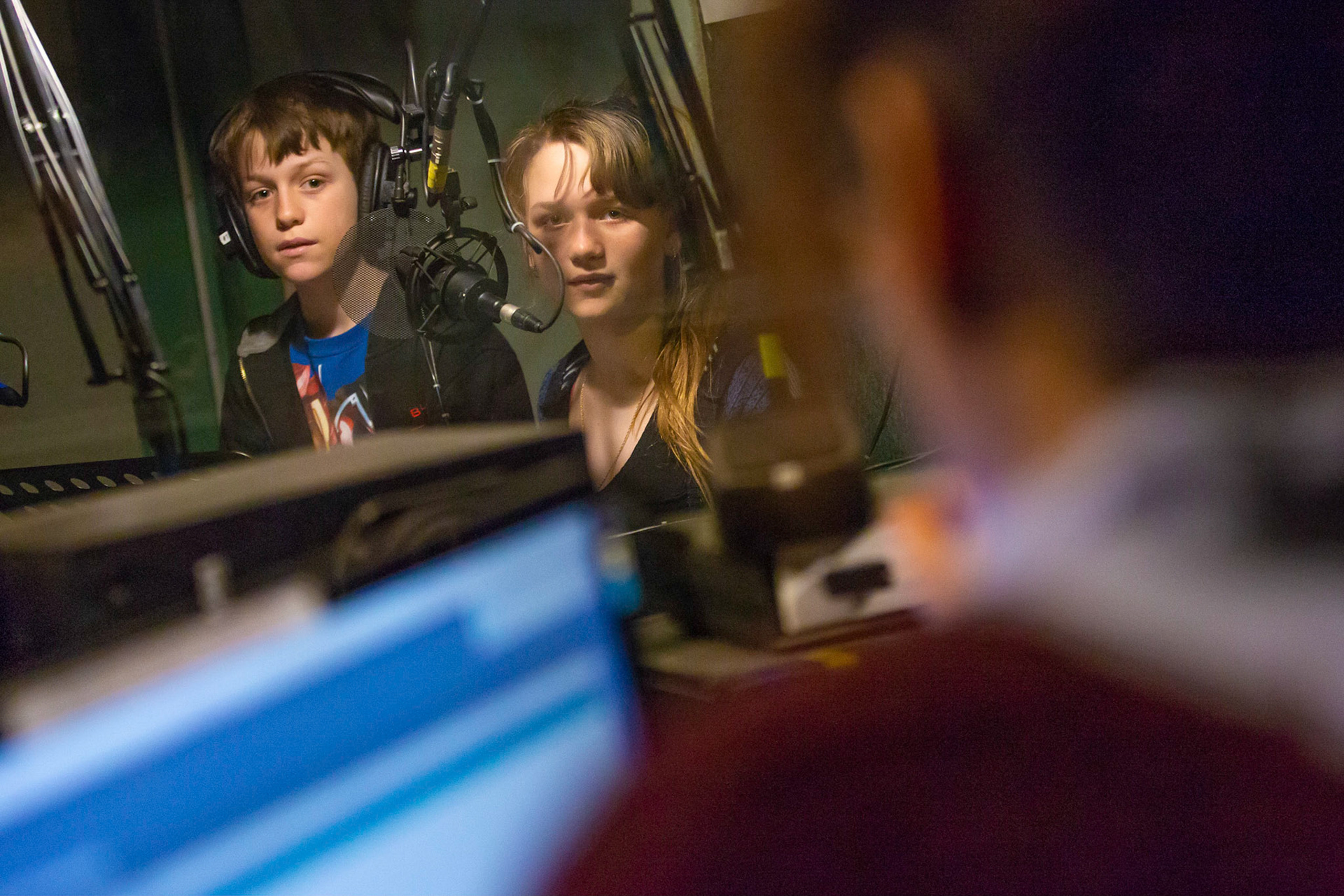  Learning the ropes at the CKUT studios, two MyDay@McGill kids communicate through the glass to a radio producer. April 2018.