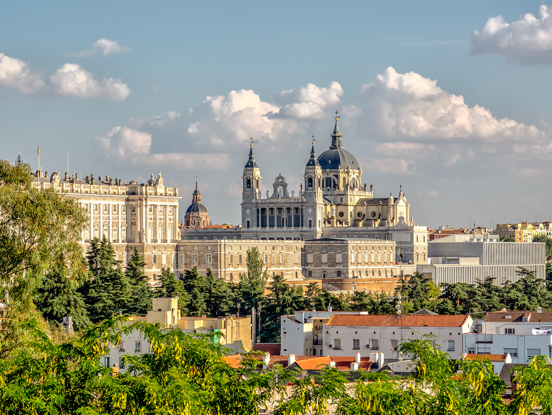 View of Royal Palace & Almudena Cathedral with St. Andrew's Church in background