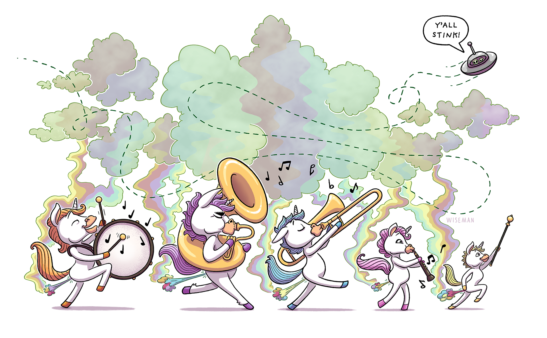 A U.F.O. flies above a farting unicorn marching band and yells Y'ALL STINK!