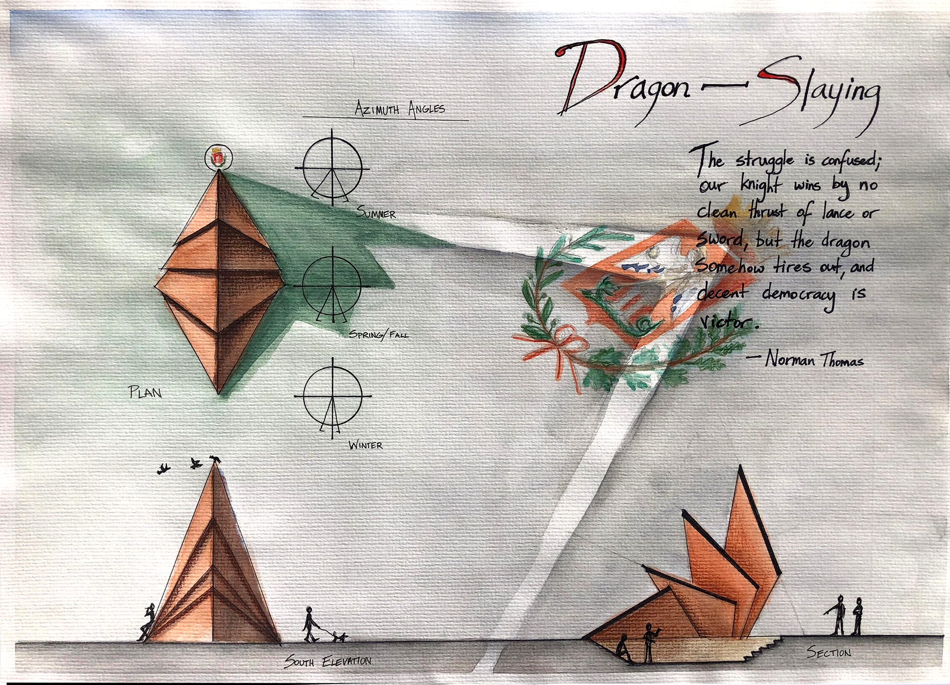 Our second studio project, a design for a monument symbolic of the town's patron saint in the park at the top of the hill.