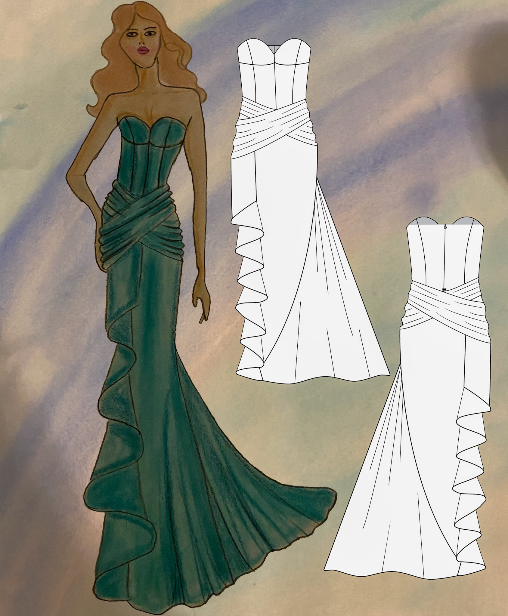 Strapless evening gown with ruffle and draping