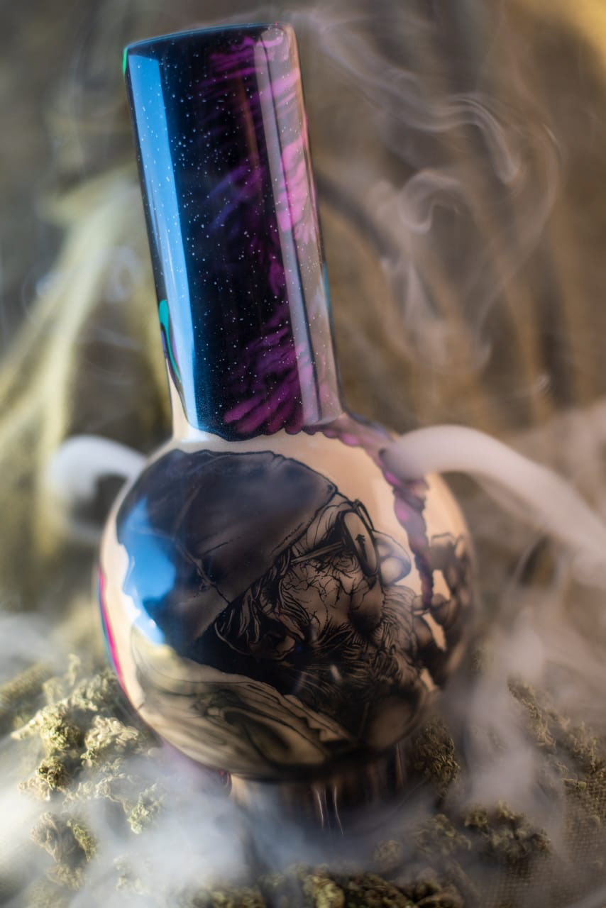 old man joint smoke turning into a galaxy UV bong theme detail airbrushing