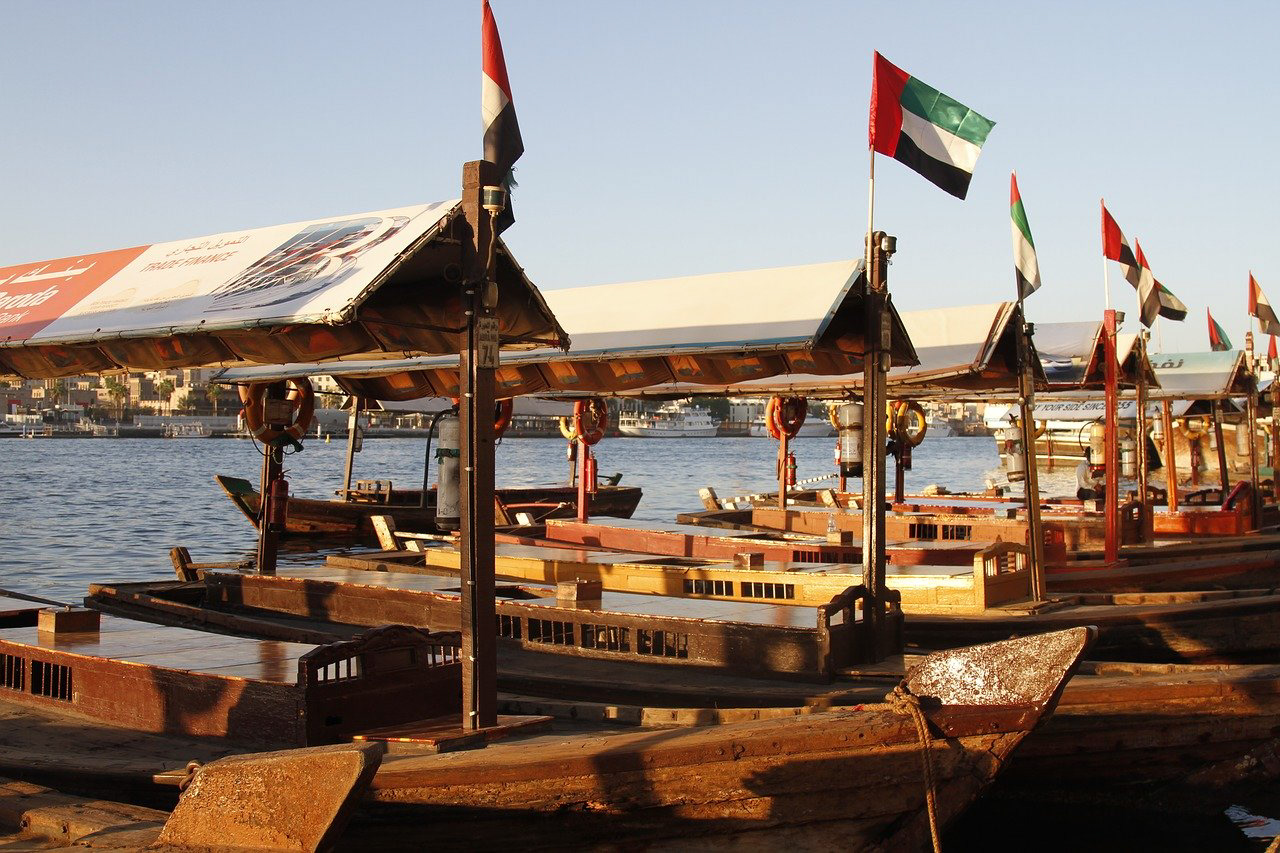 Boats In Dubai On River Creek