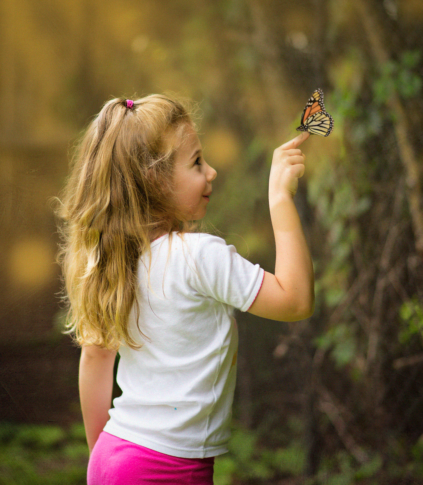 A young girl playing with a butterfly