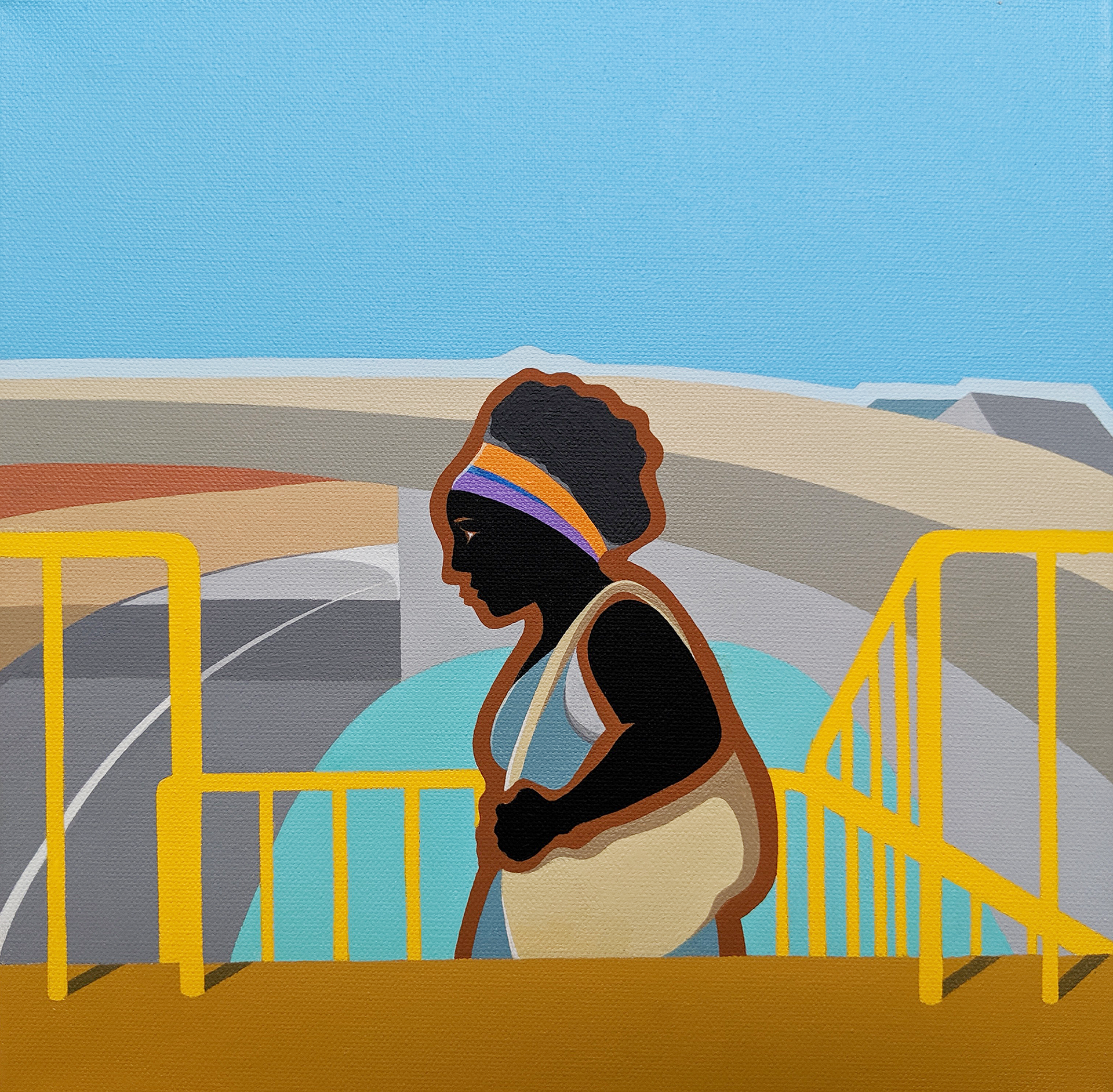 Woman Ascending Stairs, Acrylic Gouache on Canvas 12 x 12