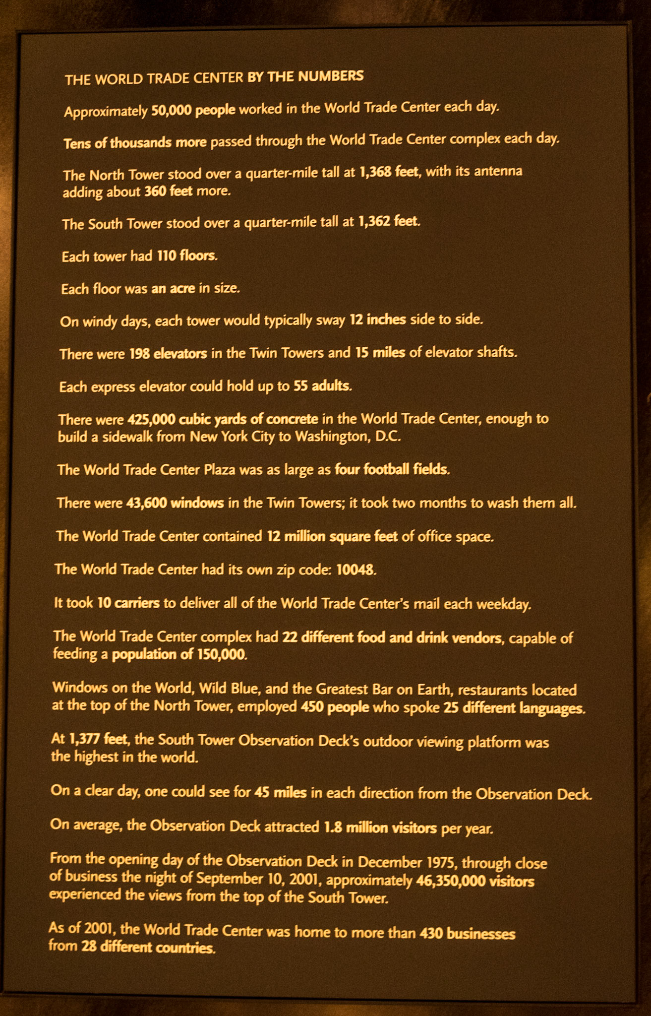 Factfile on the original Twin towers, 9/11 Museum, Manhattan