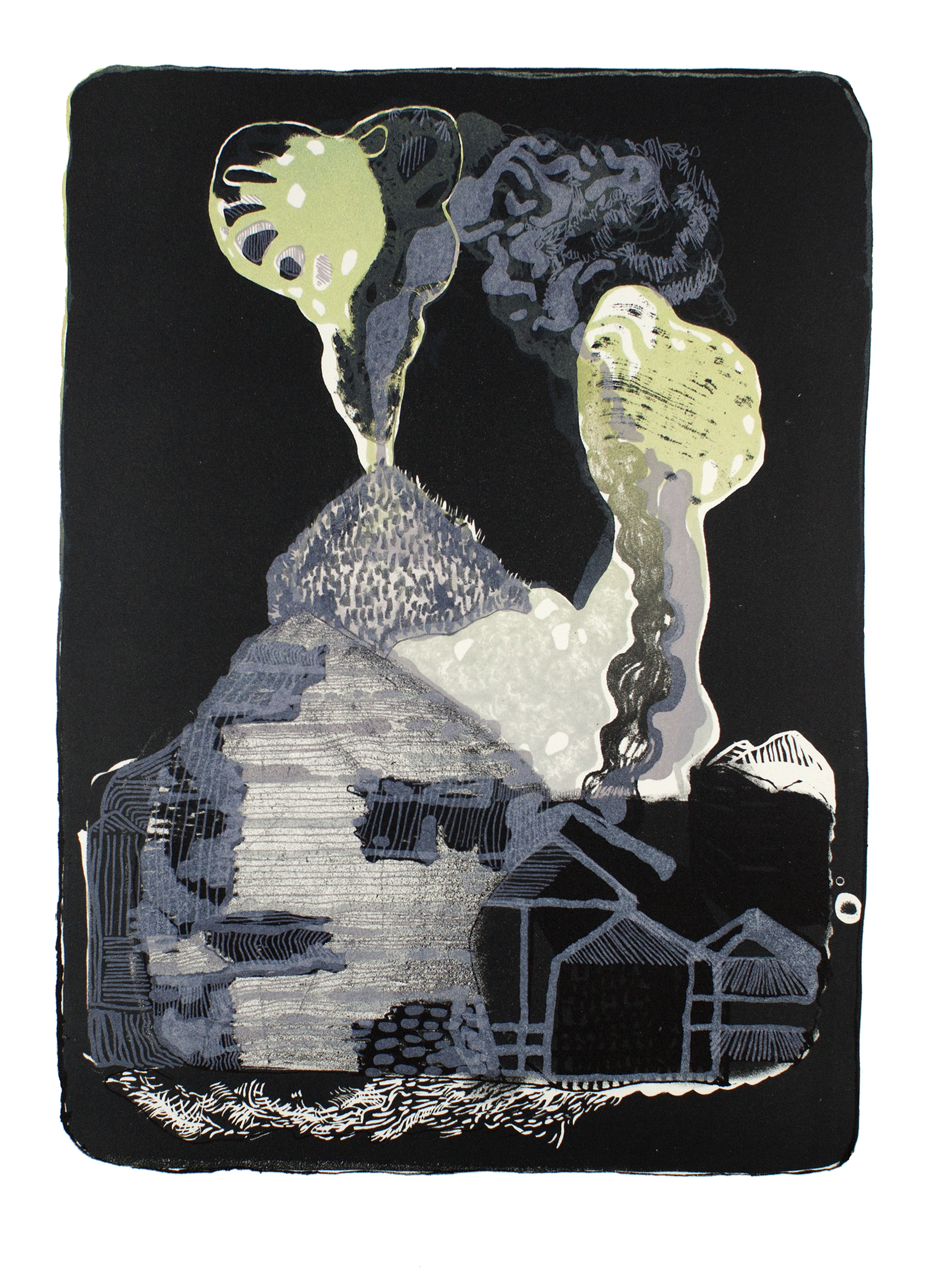 They Live In The Mountain (2016) , stone lithograph, variable edition of 10, all unique, 37 x 27 cm