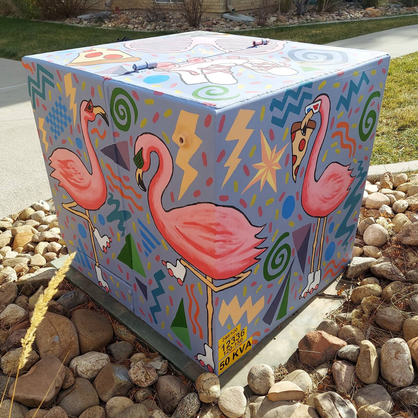 Wake me up Before you Flamingo-go, Transformer Cabinet Mural, Fort Collins, CO, 2021