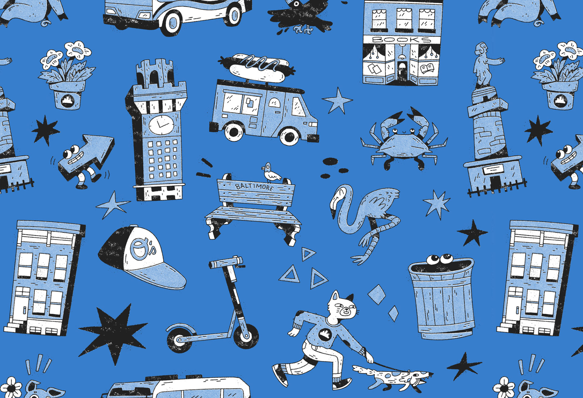 Blue pattern made of Baltimore landmarks made by Emilee Beeson for The Downtown Partnership of Baltimore