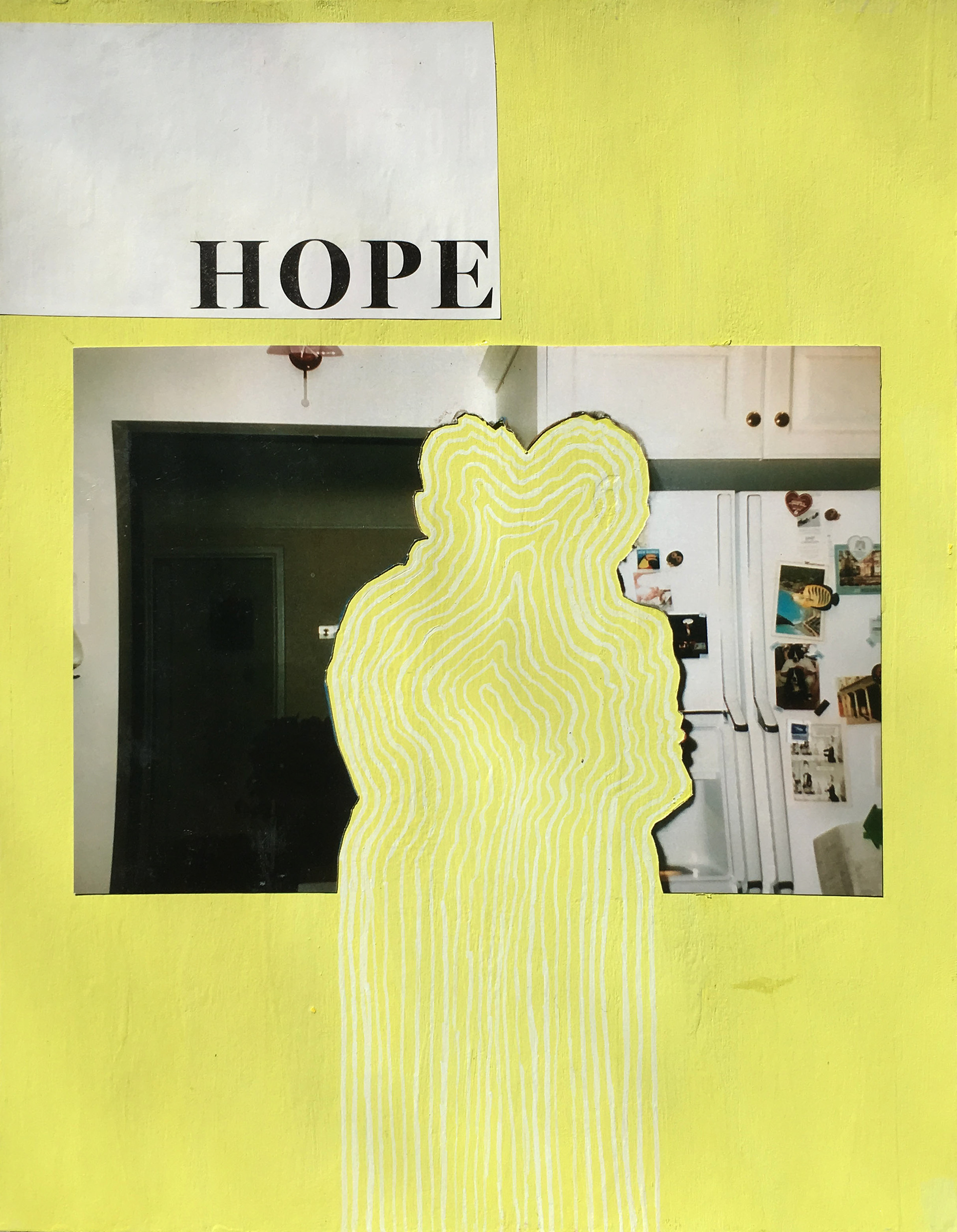 "Hope" tempera, paint pen and collage on cardstock, 2018