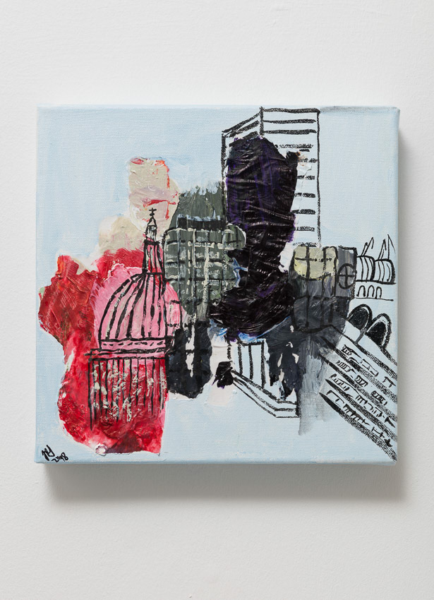 St Paul's Obscured Recycled palette papers. acrylic, ink on canvas 32.5 x 32.5 x 5.4