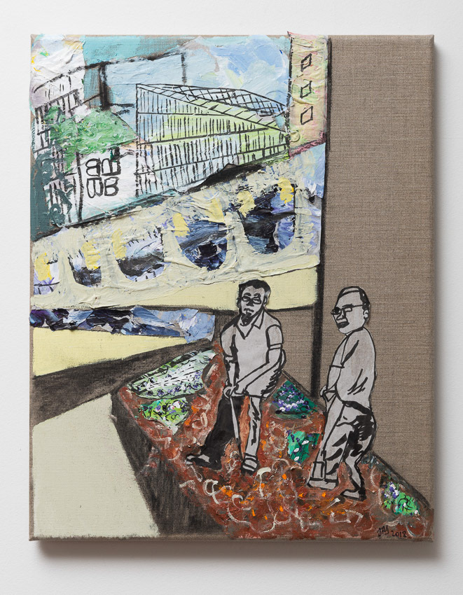 Digging the new June garden bed, Silk Street Entrance to the Barbican Recycled palette papers, acrylic, charcoal and ink on canvas 50 x 40 x 2