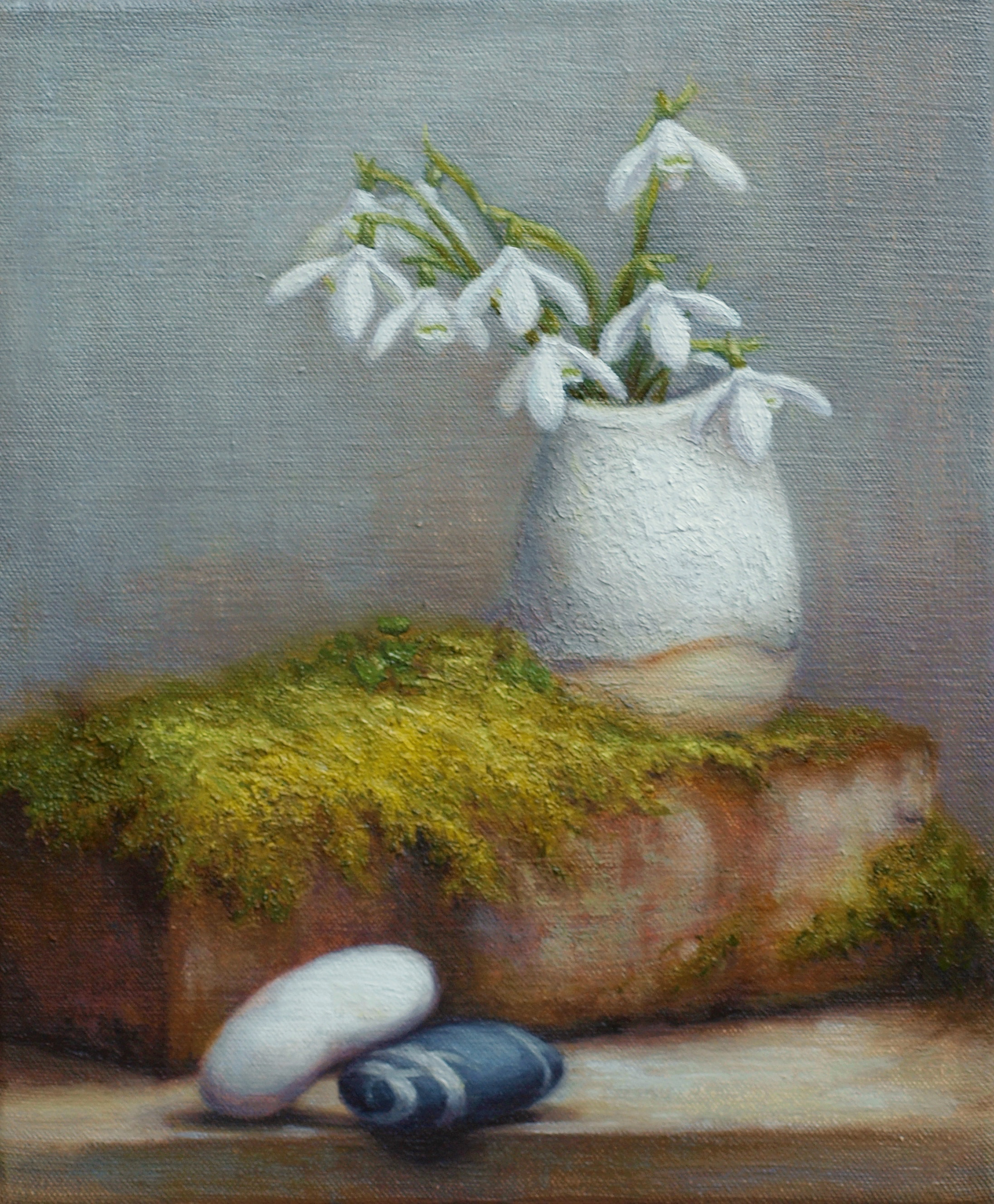 Longing. Oil on canvas, 26 by 31cm. Hidden away in the corner of the garden, I discovered these snowdrops. Daily, under the suns low gaze they would spread their wings and try to take off, mini helicopters.