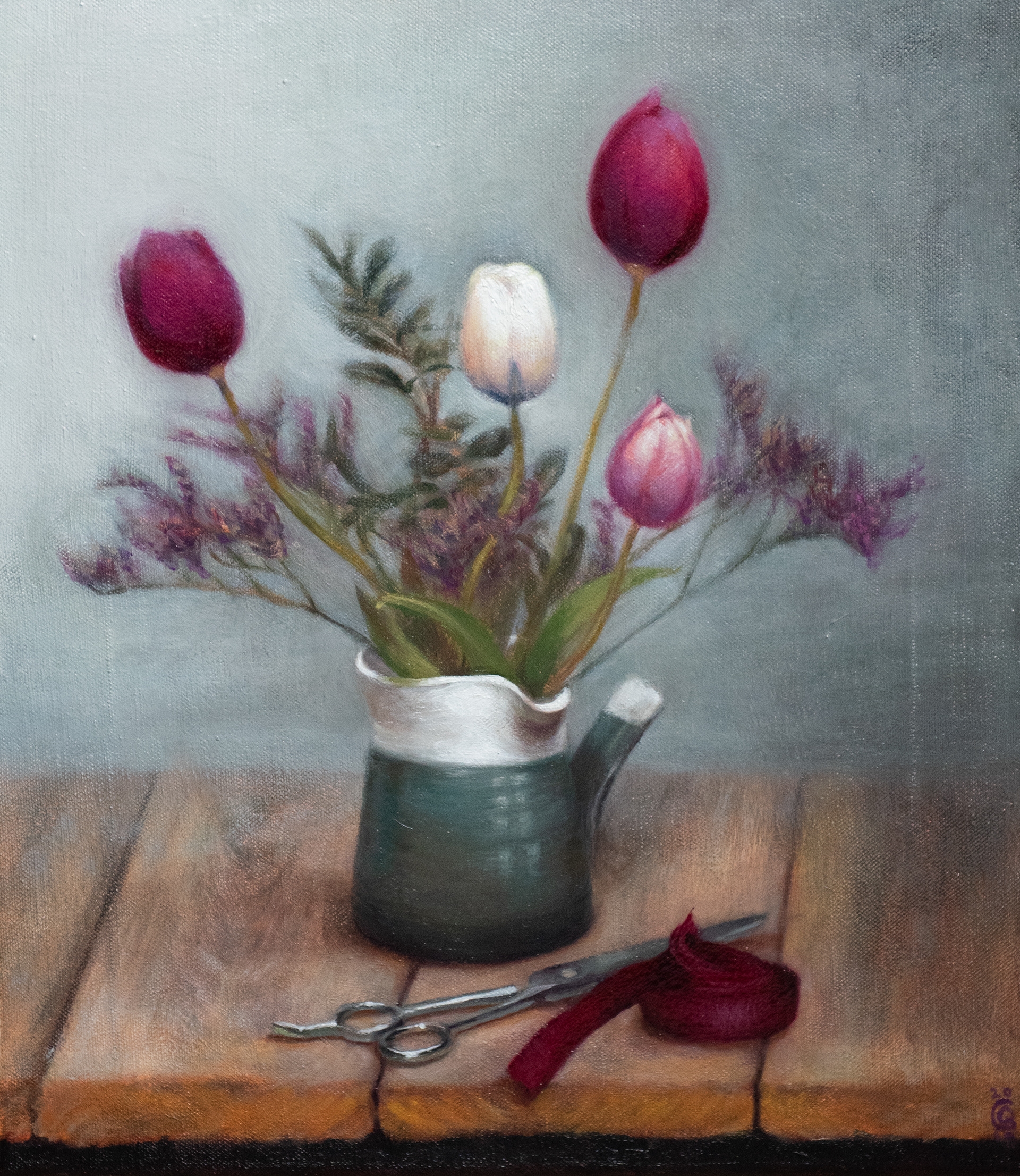 Violet Tulips. Oil on traditionally prepared linen canvas. 36x41cm. I plucked these Tulips from the garden, the day the Swallows arrived back from their long migration. I listened to the cello with its low tones and plucky notes whilst I painted their deep violet, noble heads. 