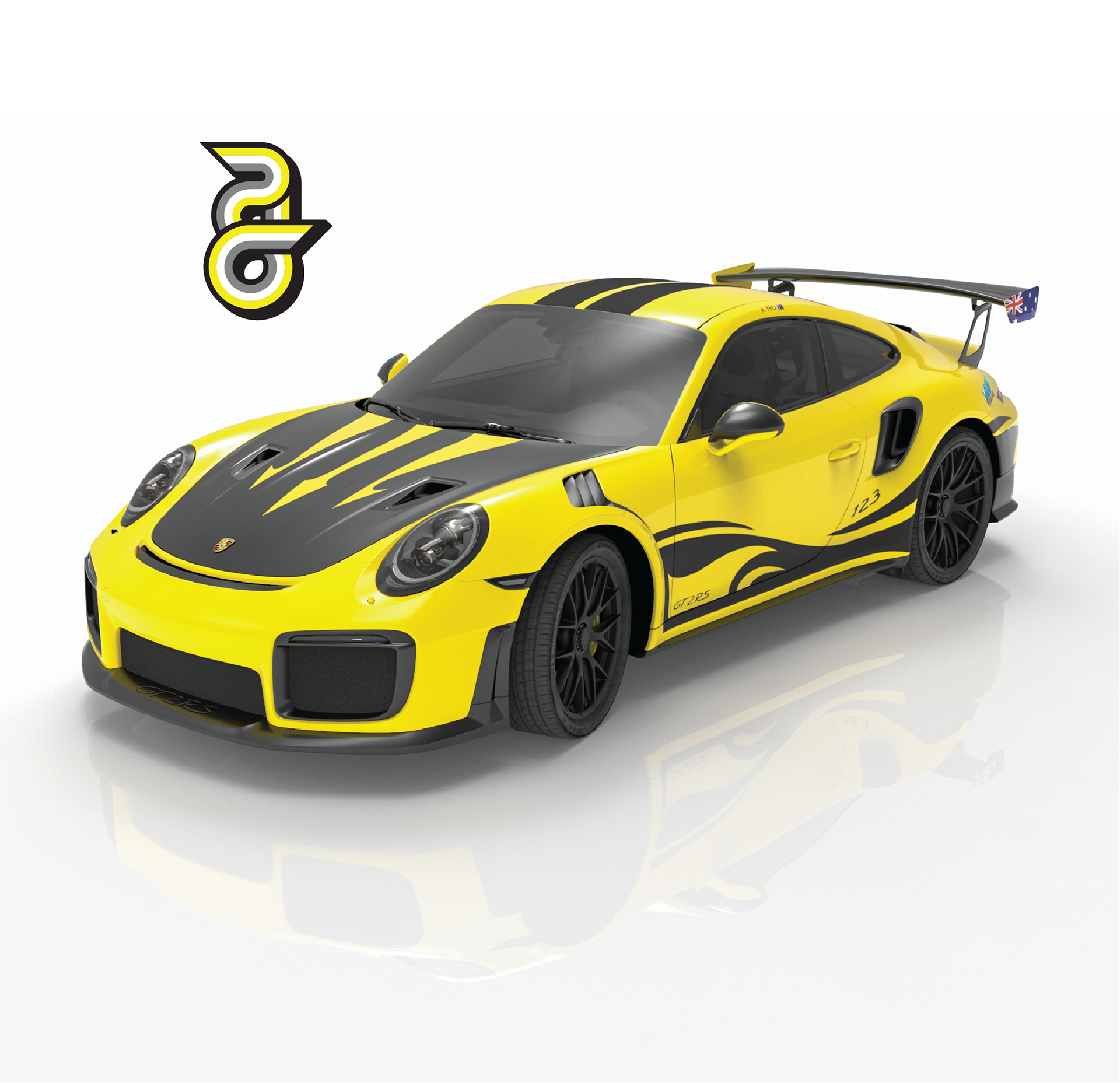 Commission to create a bespoke design for the client's road car, including flags for the rear wing end plates and racing-style name above the doors. The design was based on the client's company logo and themed on its industry.