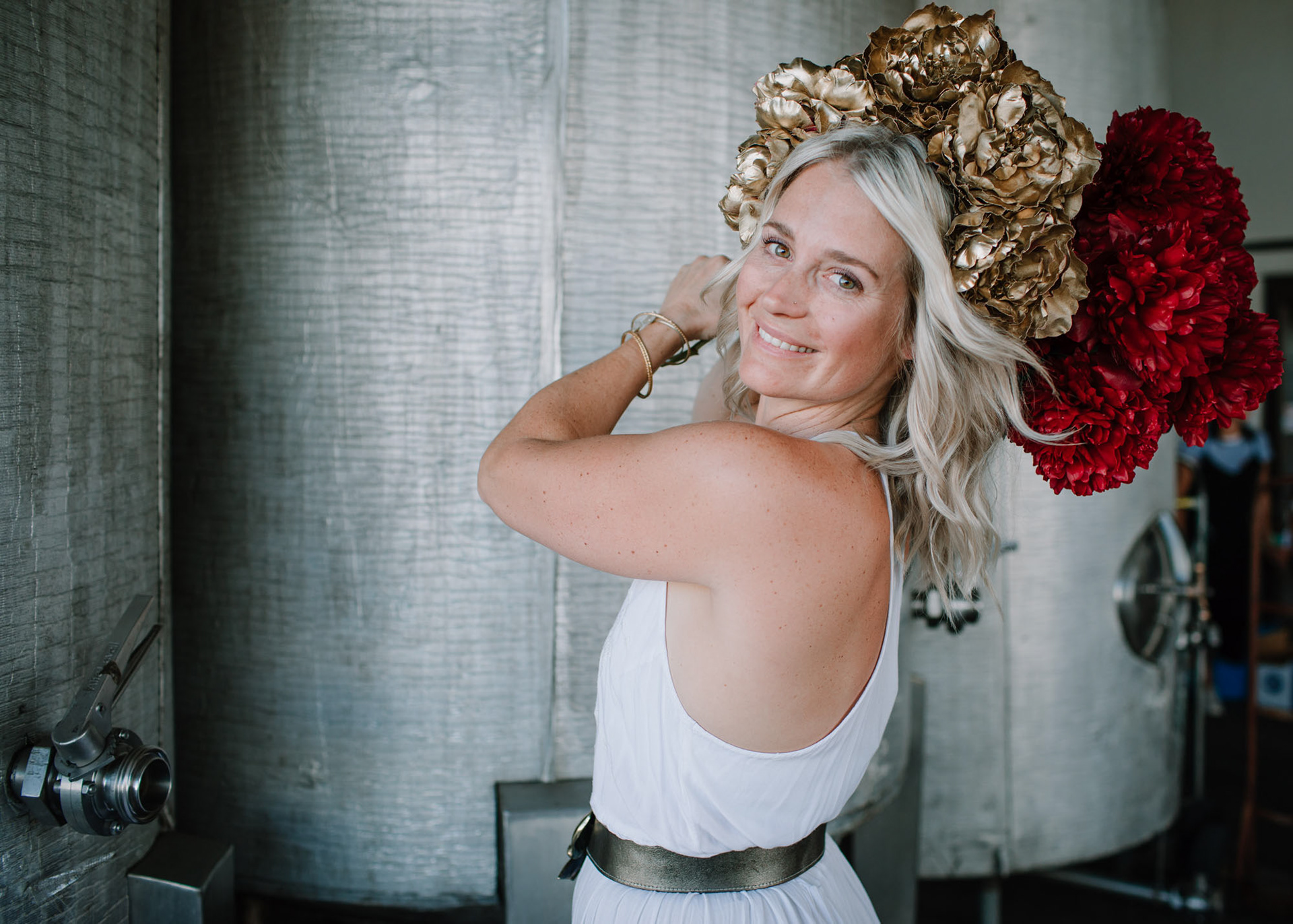 Portrait of florist Laura wearing a flower crown