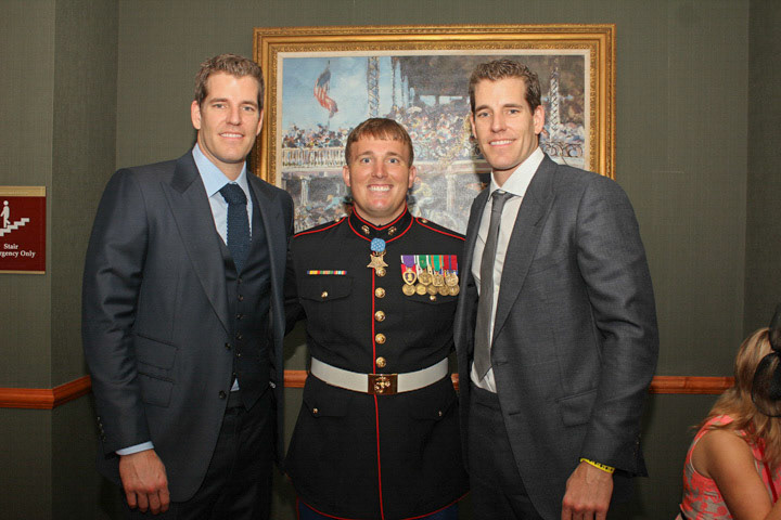 Facebook's Winkelvoss Twins with Medal of Honor Recipient Dakota Meyer.
