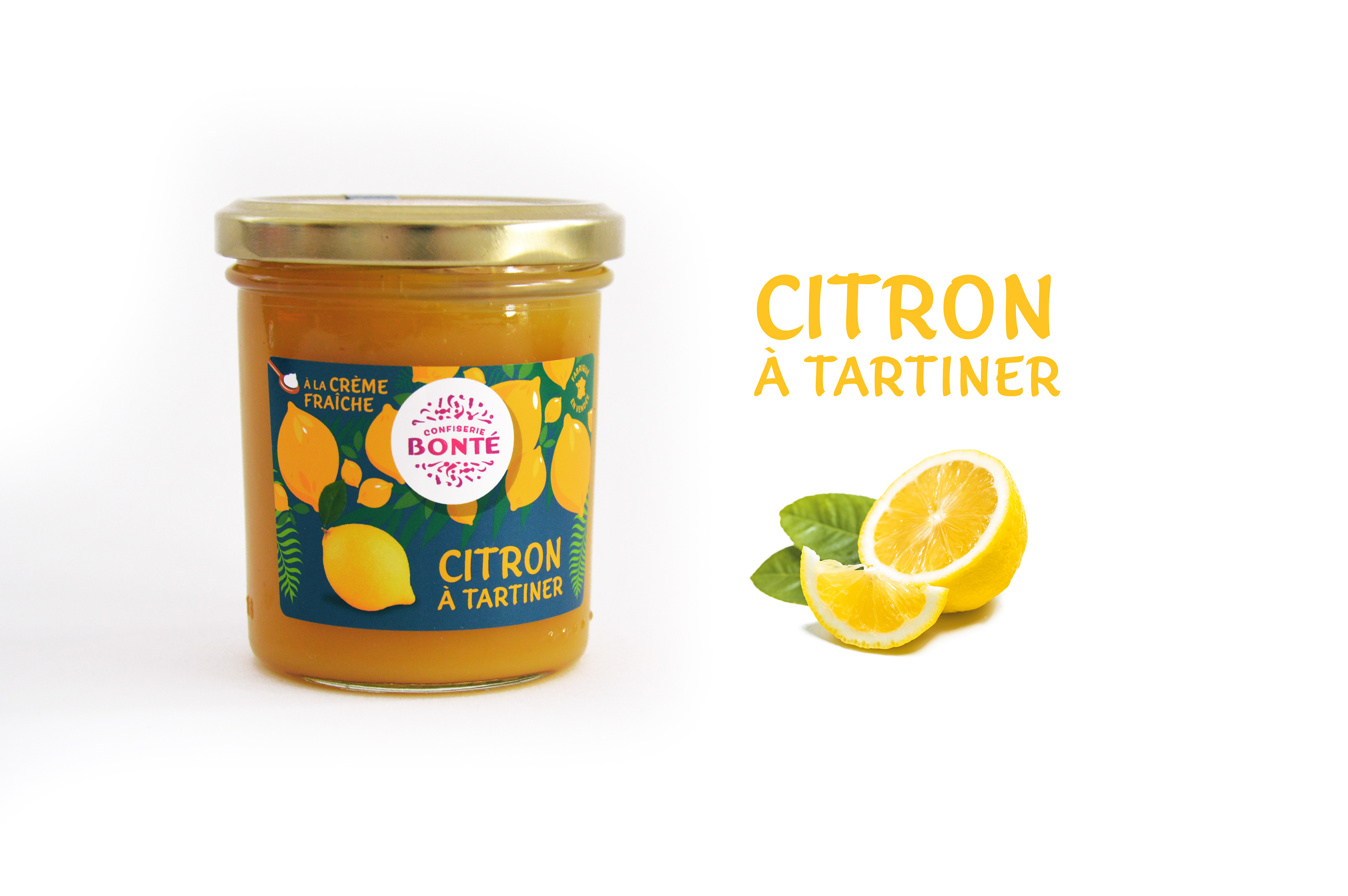 packagin création graphique d'une étiquette "citron à tartiner", fond bleu marine et fleuile verte avec des citrons jaunes, food pack, alimentaire, graphisme en vendée, les Herbiers