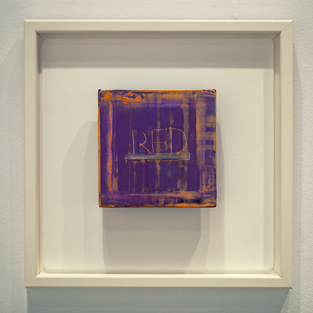 John Breakey The Nature of Color. Eleven Color Names; Red 2015-2018 Etched acrylic and mediums on painted and floating wood support. Hatch Gallery; 2018, sold to a private collector, signed inverso.